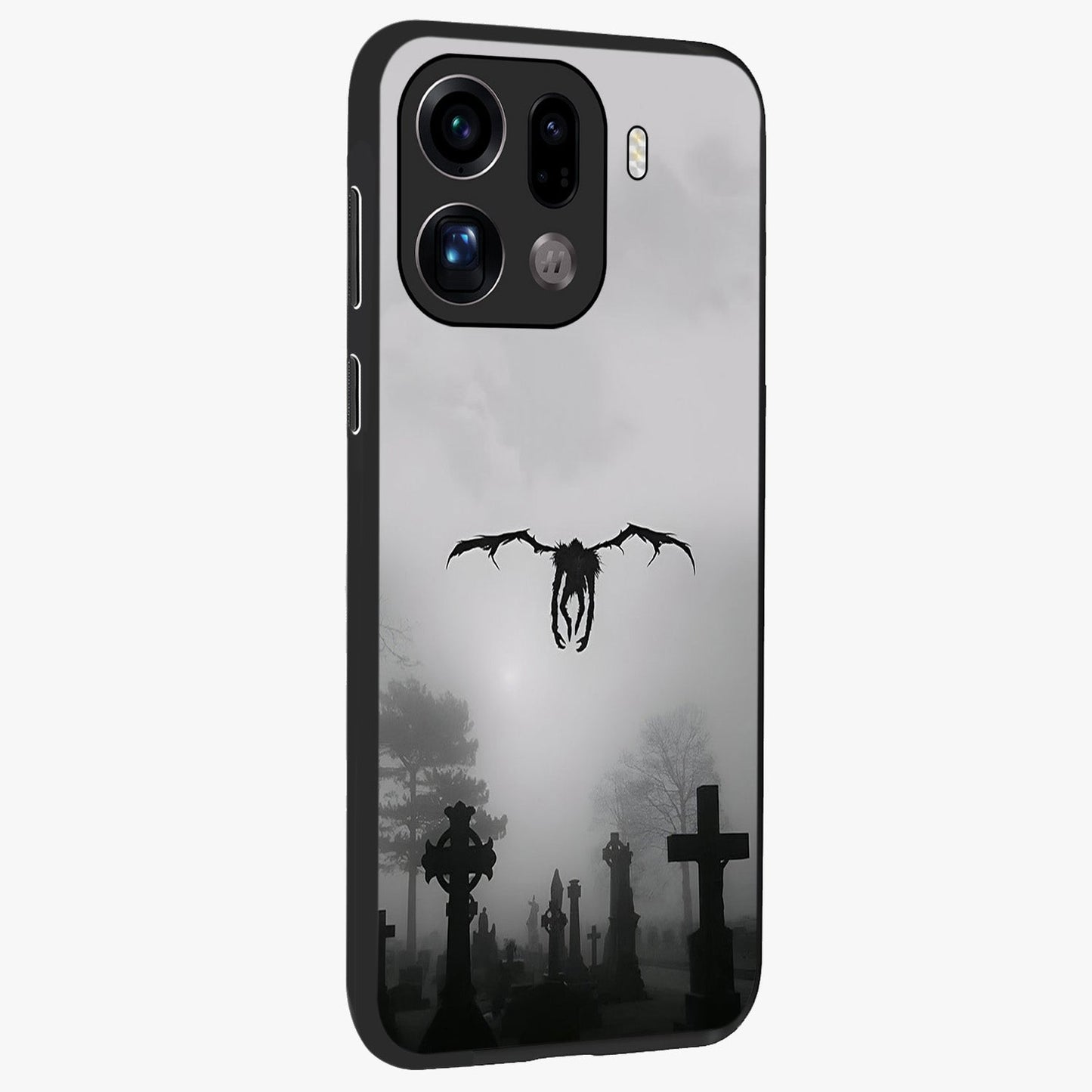 Graveyard Shadow Descent Glass Case upright view showcasing haunting graveyard artwork with dramatic dark theme.