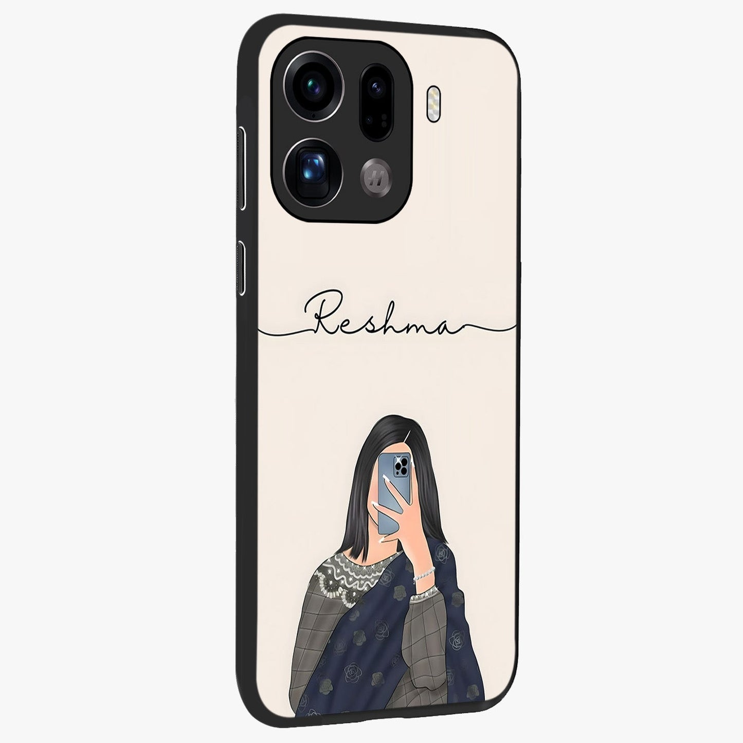 Mirror Mood Muse With Custom Name Glass Case upright view showcasing artistic mirror themed artwork with personalized aesthetic.