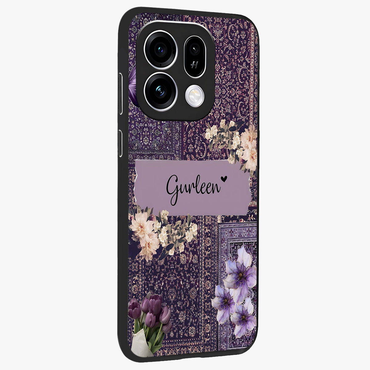 Antique Floral Whisper Custom Name Glass Case upright view showcasing delicate floral artwork with custom name feature.