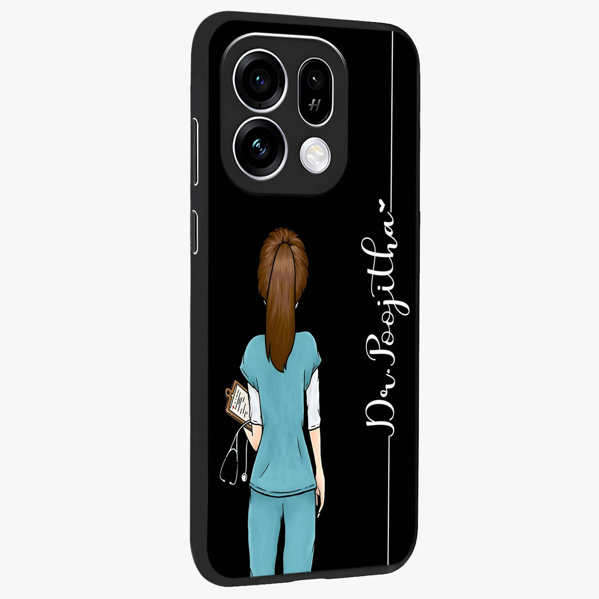 Doctor Pattern Custom Name Glass Case upright view showcasing healthcare themed design with personalized aesthetic.