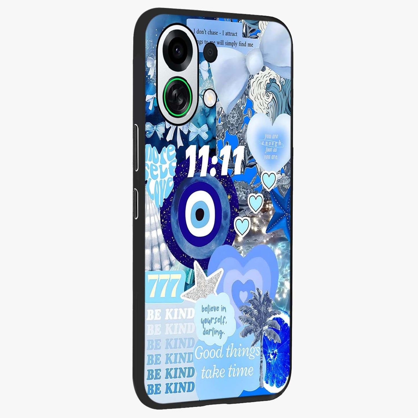 Aesthetic Be Kind Eye Glass Case upright view showcasing stylish eye illustration with positive message theme.