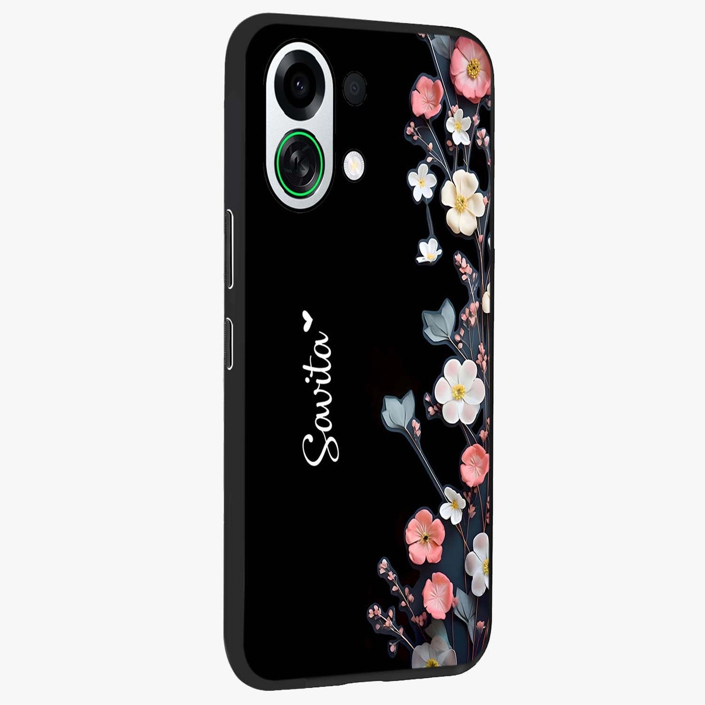Black Elegance Floral Custom Name Glass Case upright view showcasing luxurious black floral design with personalized name detail.