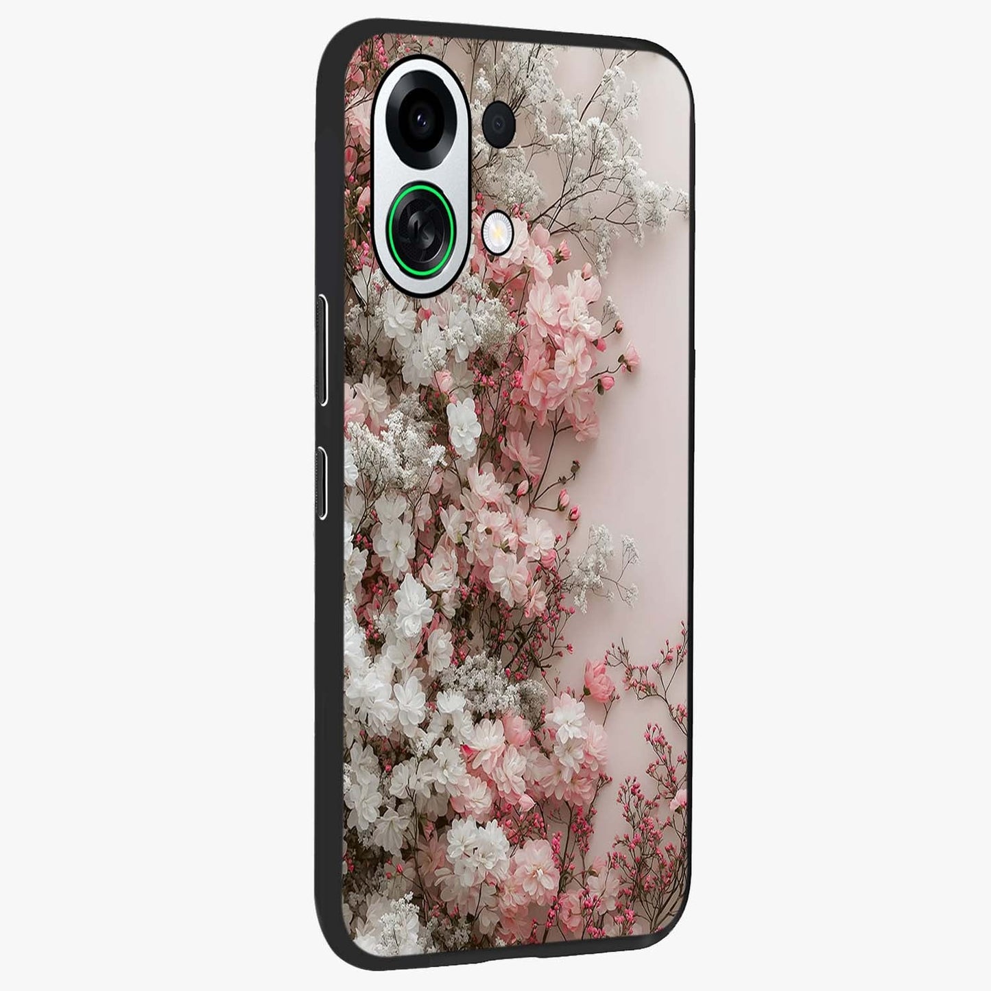 Blush Blossom Cloud Glass Case upright view showcasing calm floral cloud artwork with gentle dreamy theme.