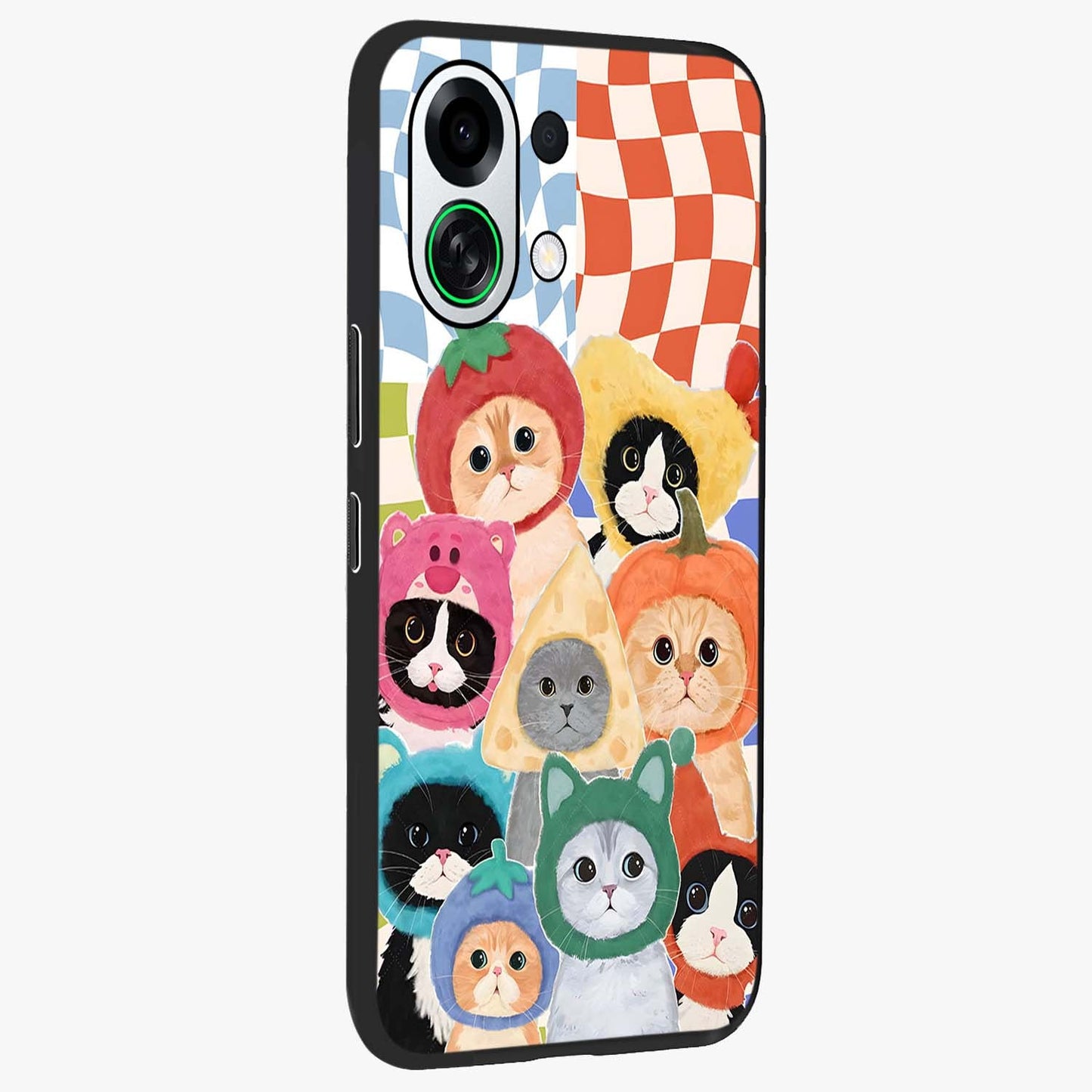 Cats in Fruits Glass Case upright view showcasing charming cat artwork with fun fruity theme.