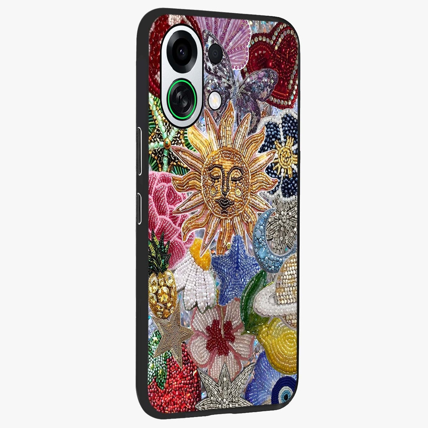 Celestial Floral and Playful Glass Case upright view showcasing whimsical floral artwork with cosmic aesthetic theme.