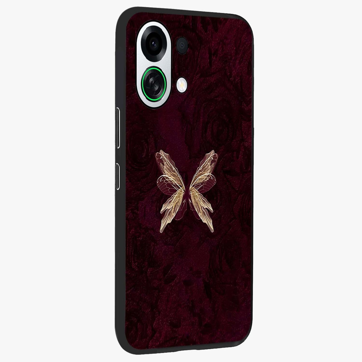Crimson Fade Butterfly Glass Case upright view showcasing graceful butterfly artwork with soft crimson fade effect.
