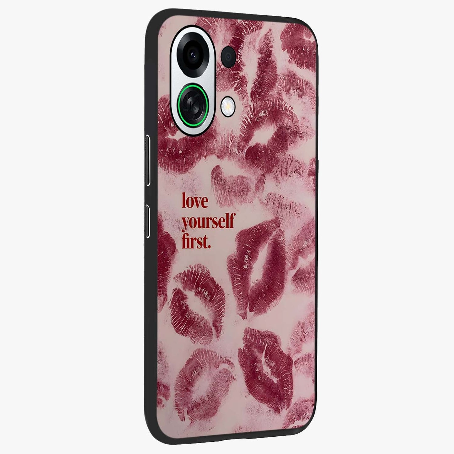 Crimson Kiss Love Glass Case upright view showcasing expressive romantic artwork with deep crimson theme.