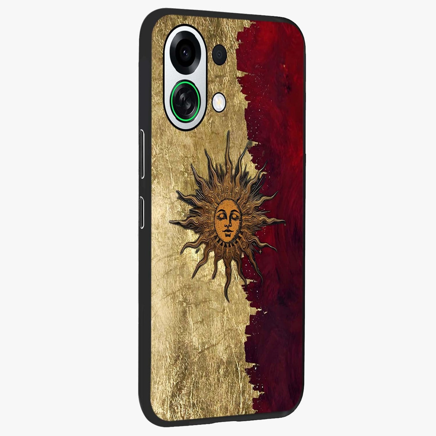 Crimson Sun Majesty Glass Case upright view showcasing vibrant sun artwork with powerful celestial theme.