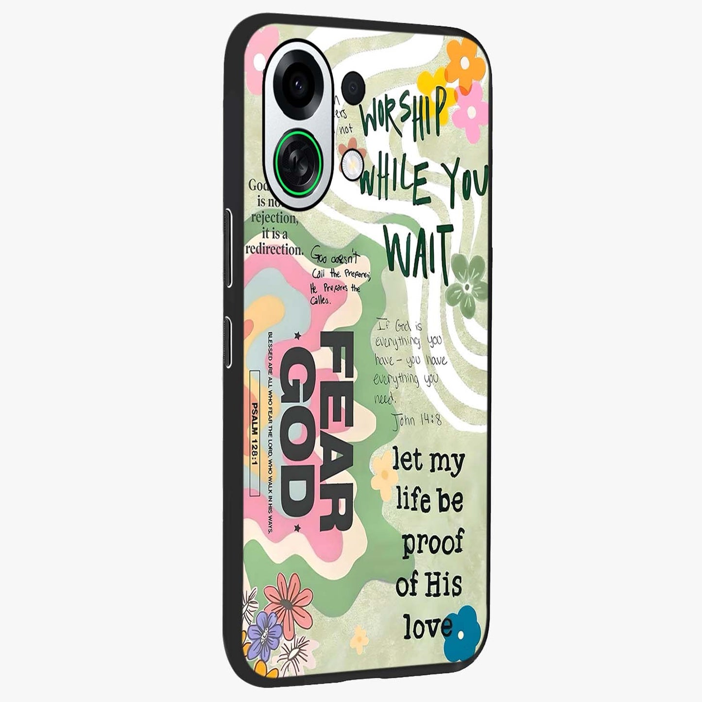 Faith Over Fear Glass Case upright view showcasing bold typography artwork with uplifting motivational theme.