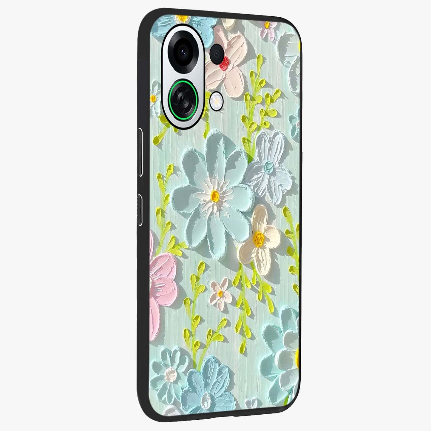 Frosted Petal Garden Glass Case upright view showcasing elegant floral garden artwork with soothing pastel theme.