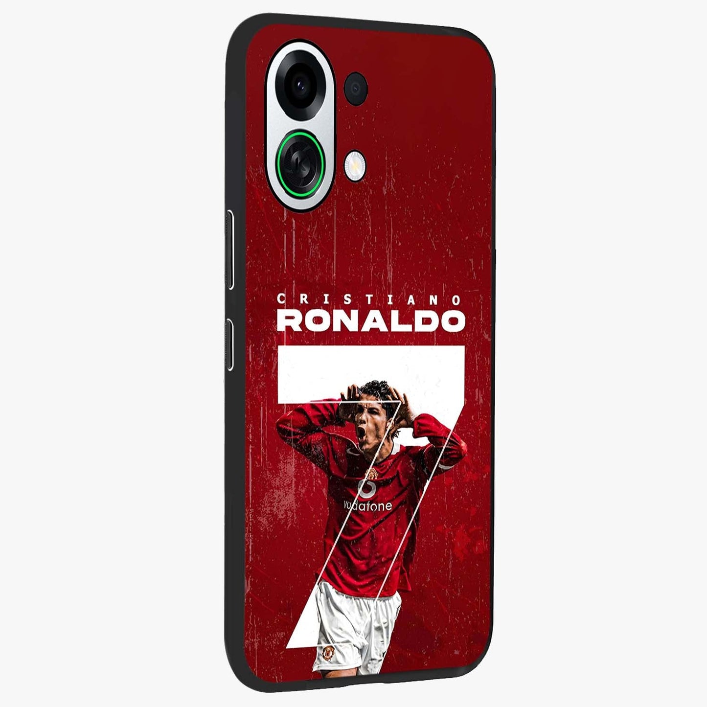 Goal Celebration Legacy Glass Case upright view showcasing dynamic football inspired artwork with victory celebration aesthetic.