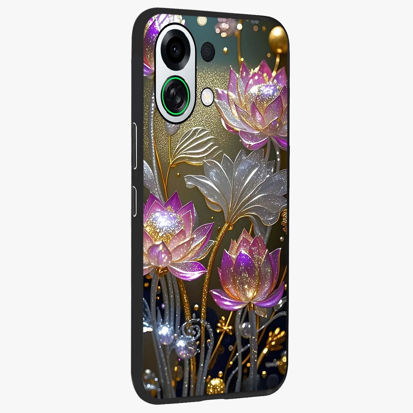 Golden Floral Majesty Glass Case upright view showcasing majestic floral artwork with rich decorative theme.