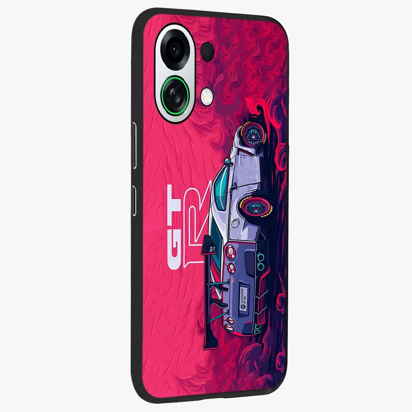 GT-R Car Pattern Glass Case upright view showcasing dynamic car pattern artwork with modern sports theme.