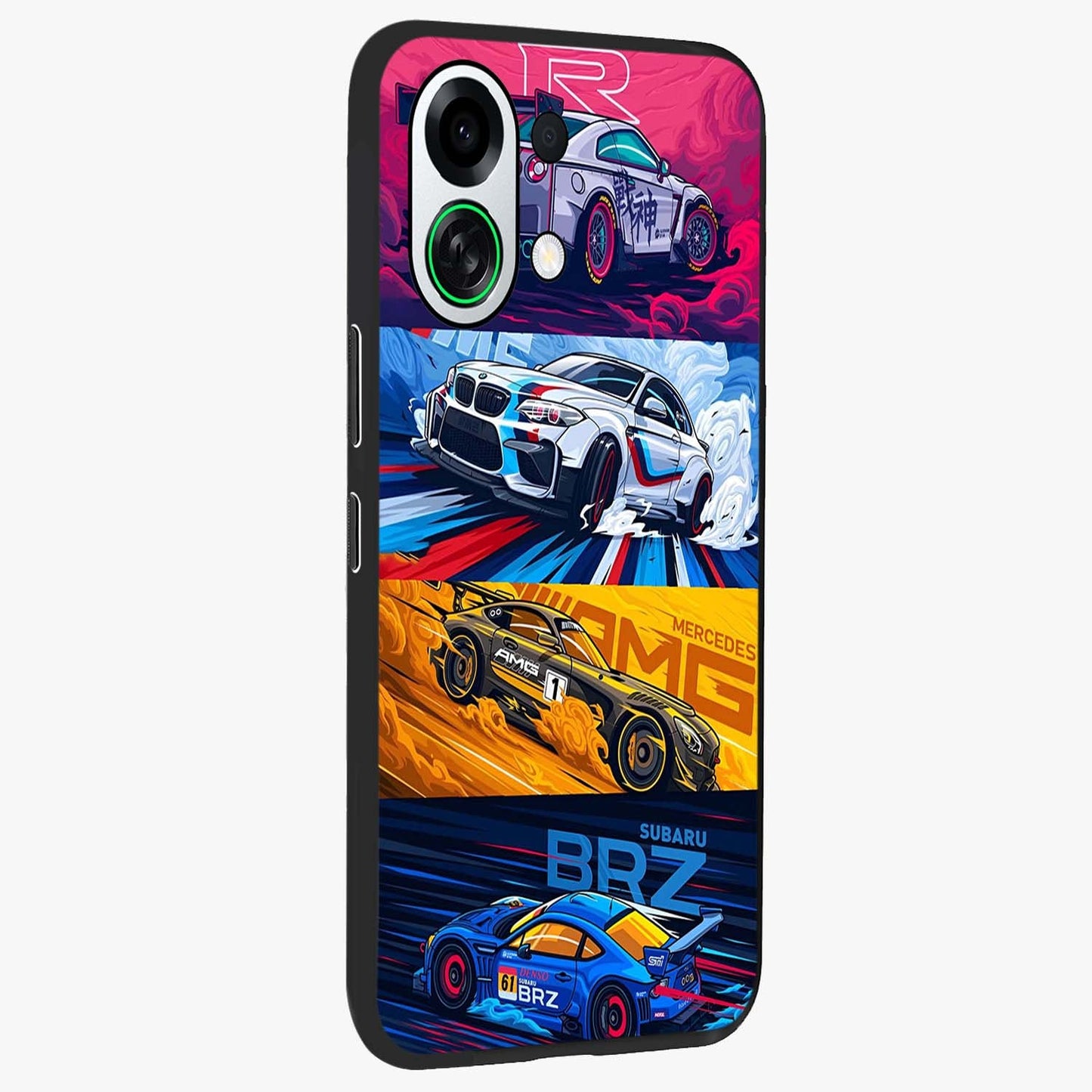 JDM Sports Car Glass Case upright view showcasing dynamic sports car artwork with bold racing theme.
