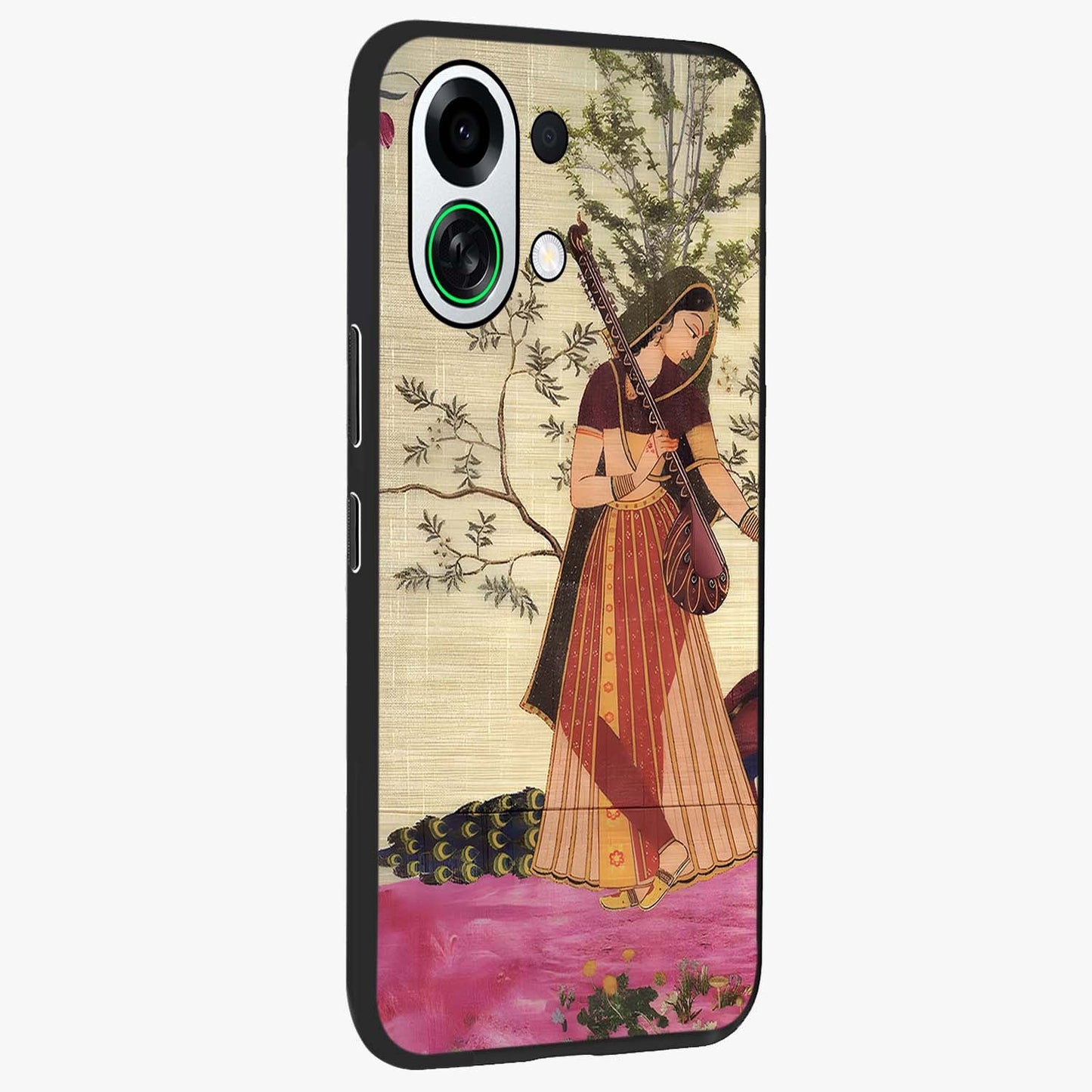Lady With Veena Art Glass Case upright view showcasing classical veena artwork with traditional artistic theme.
