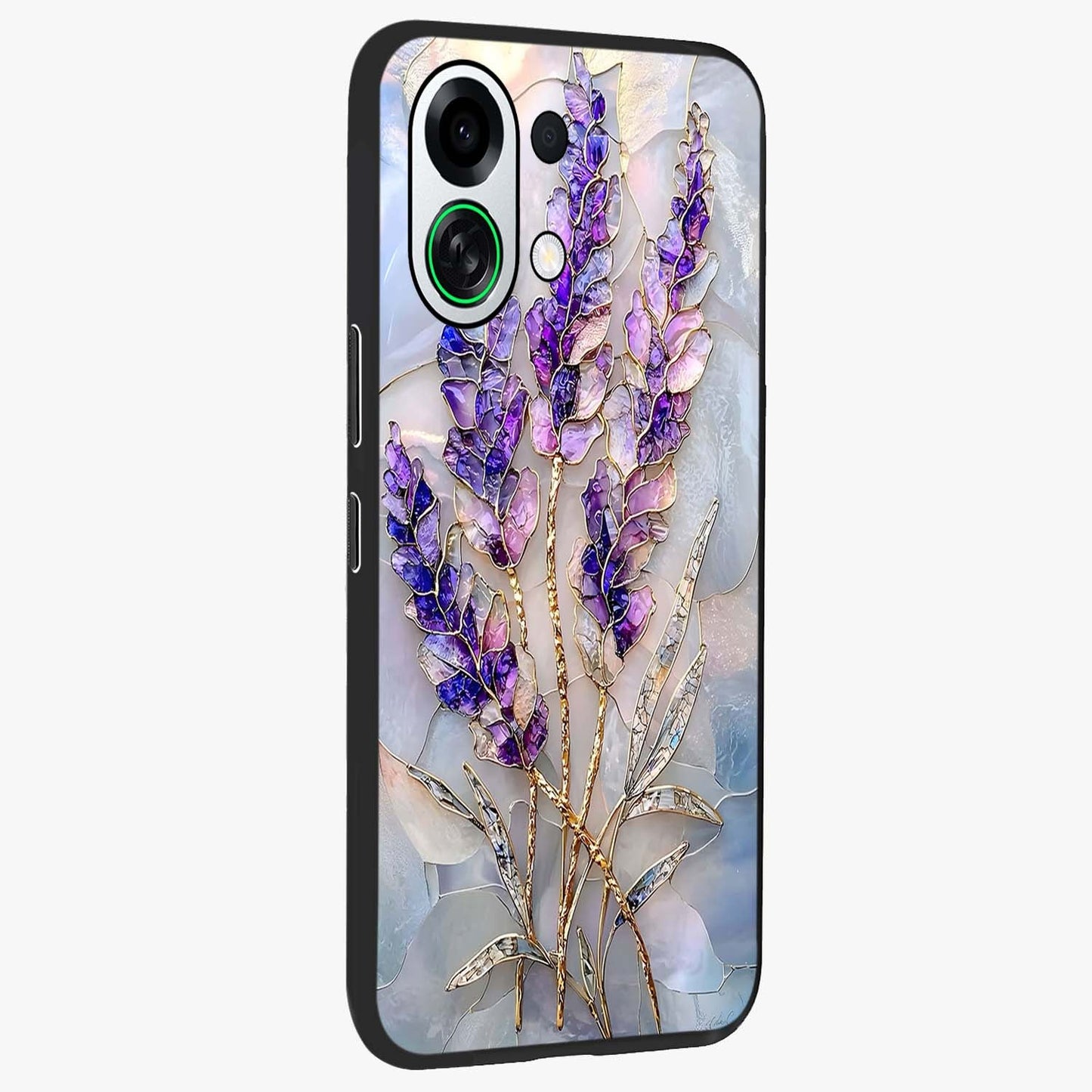 Lavender Dream Glow Glass Case upright view showcasing radiant lavender glow artwork with calming dreamy theme.