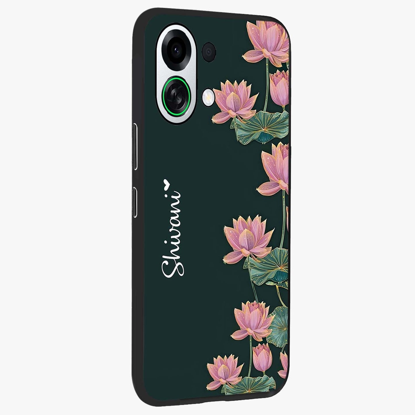 Lotus Bloom Serenity Custom Name Glass Case upright view showcasing serene lotus bloom artwork with personalized floral aesthetic.