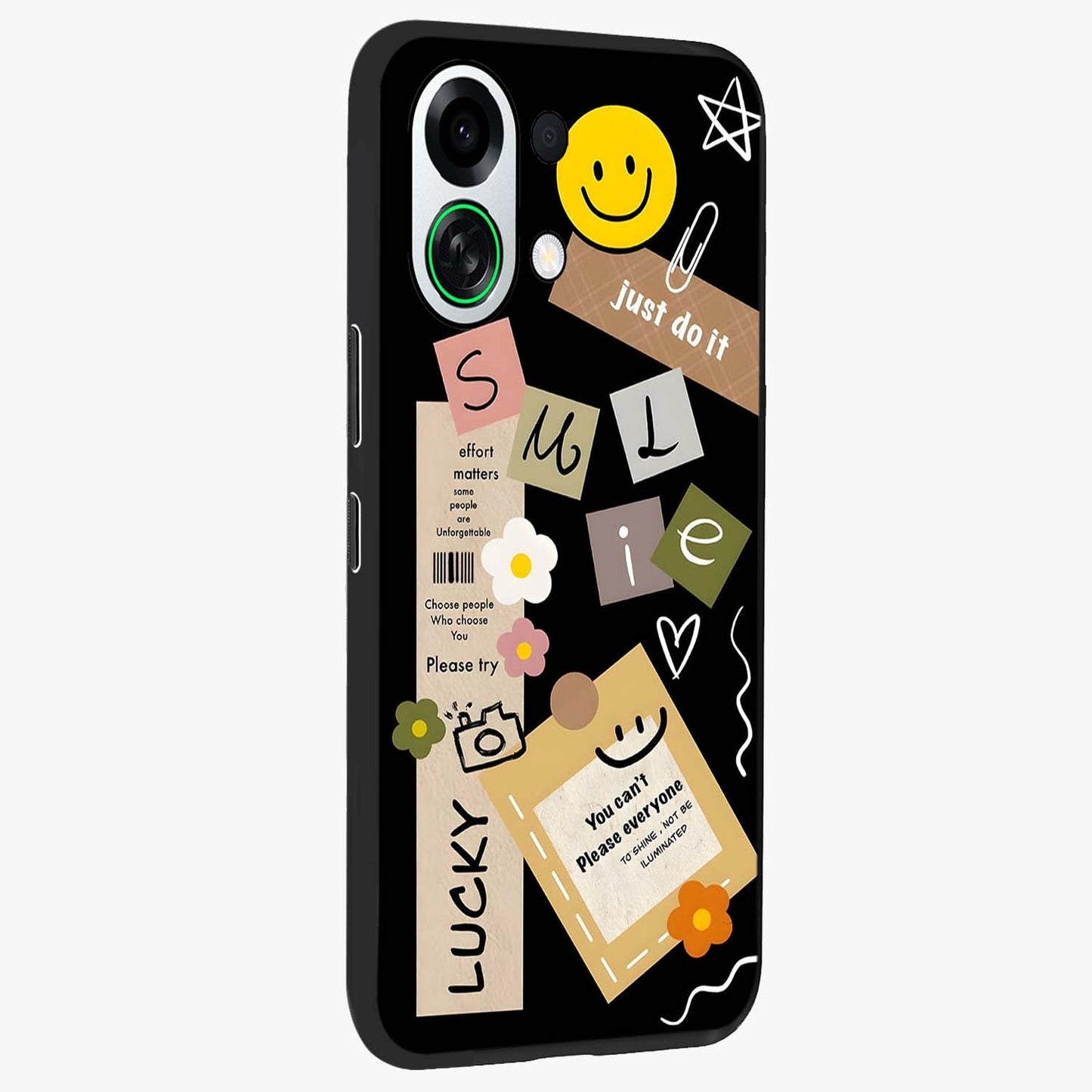 Lucky Aesthetic Collage Glass Case upright view showcasing vibrant collage artwork with youthful aesthetic theme.