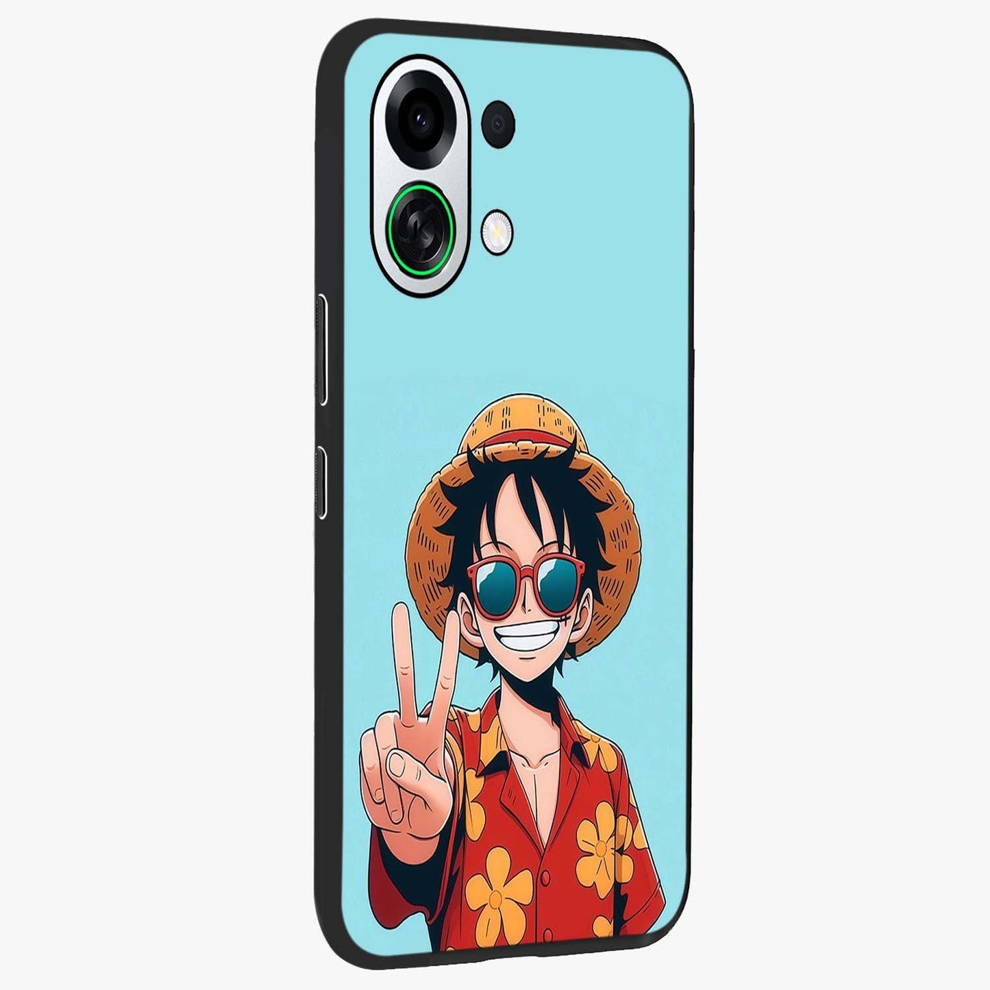 Luffy Summer Anime Vibe Glass Case upright view showcasing dynamic anime artwork with bright adventurous theme.