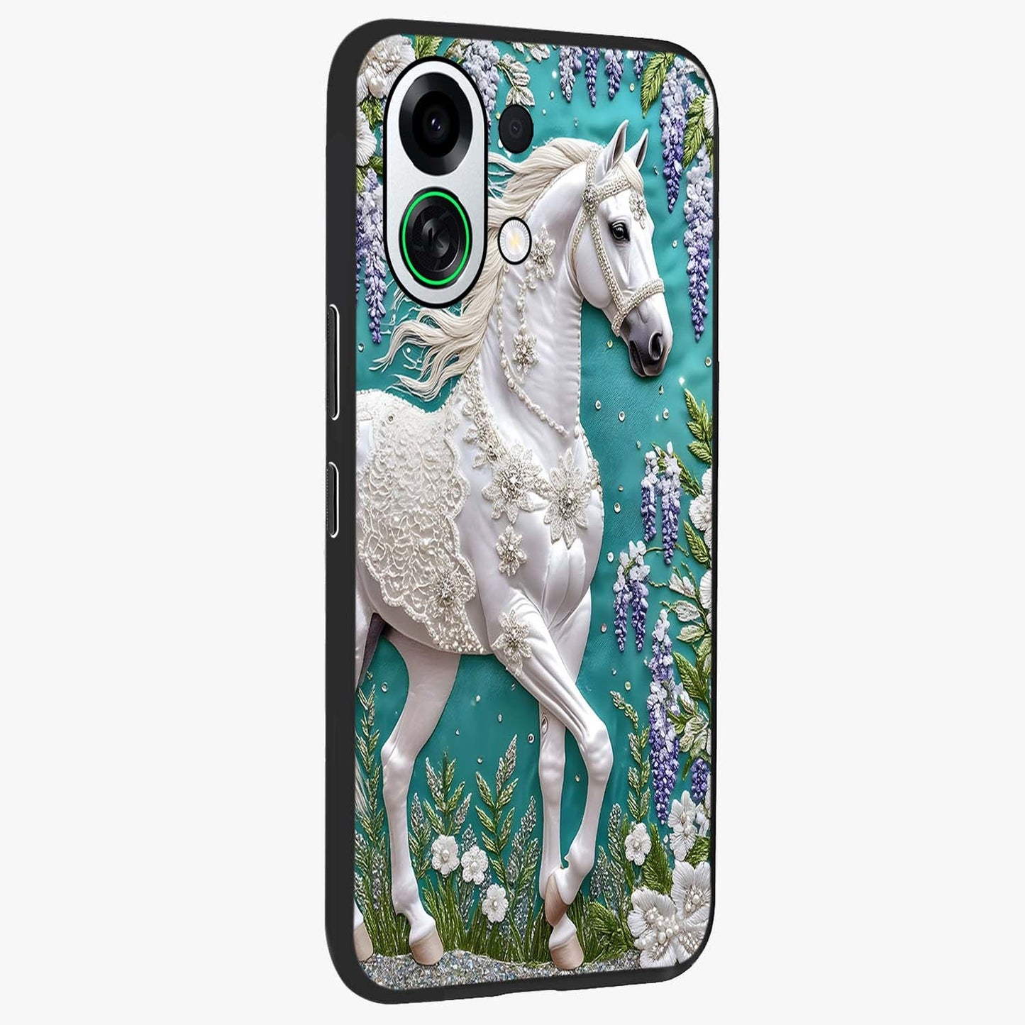Majestic Floral Stallion Glass Case upright view showcasing dramatic horse artwork with decorative floral theme.