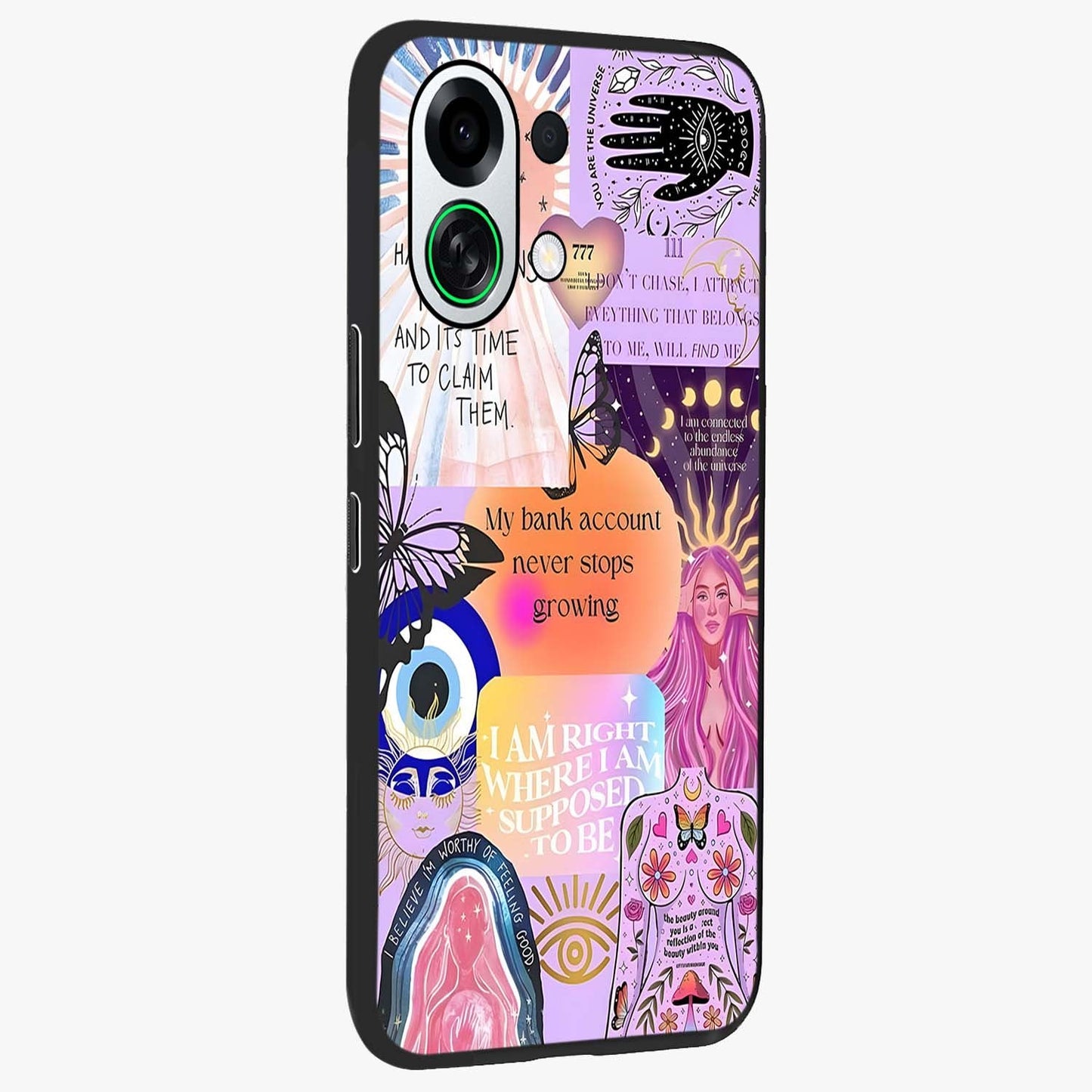 Manifestation Collage Glass Case upright view showcasing artistic manifestation themed artwork with creative style.