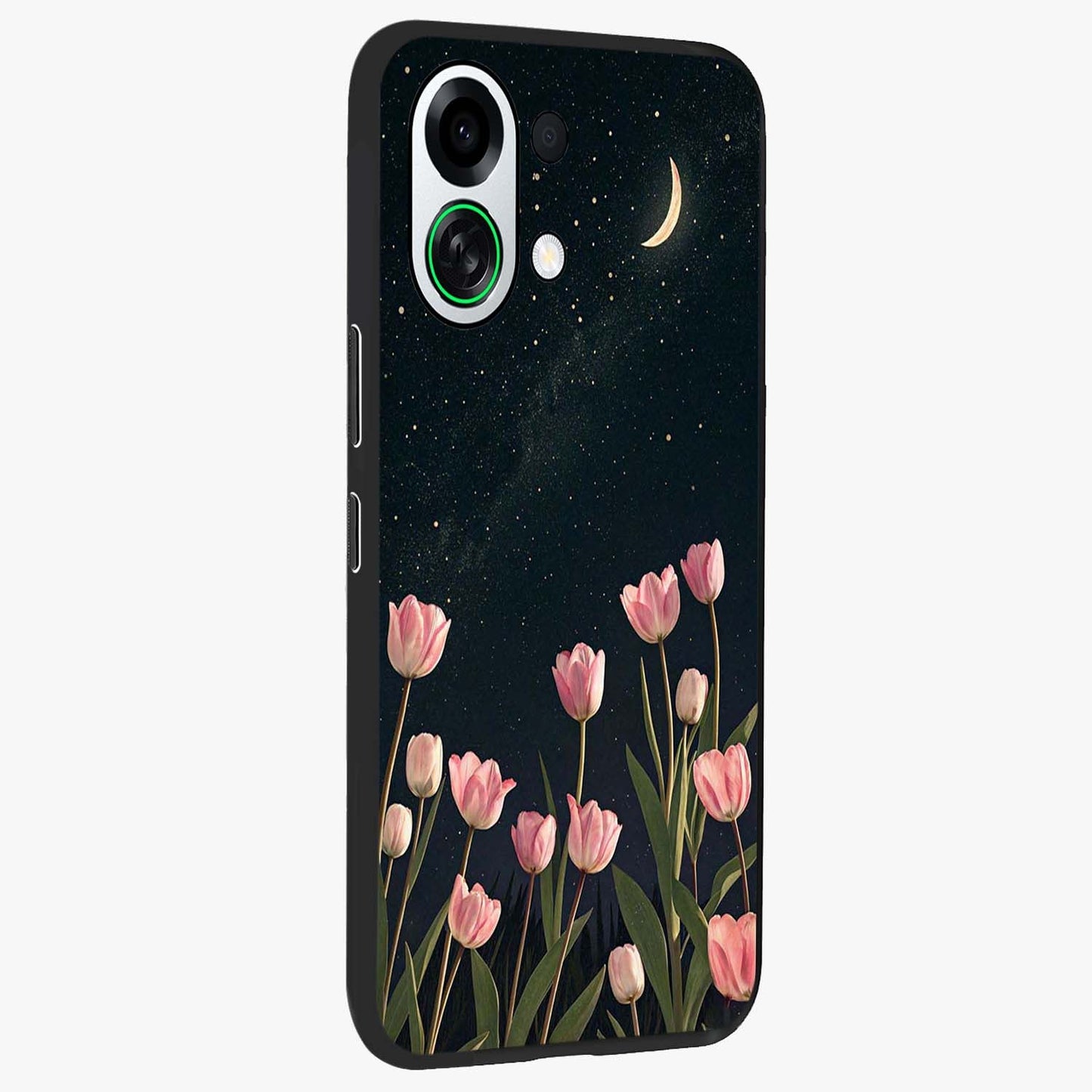 Midnight Tulip Whispers Vibe Glass Case upright view showcasing graceful tulip artwork with calm botanical theme.