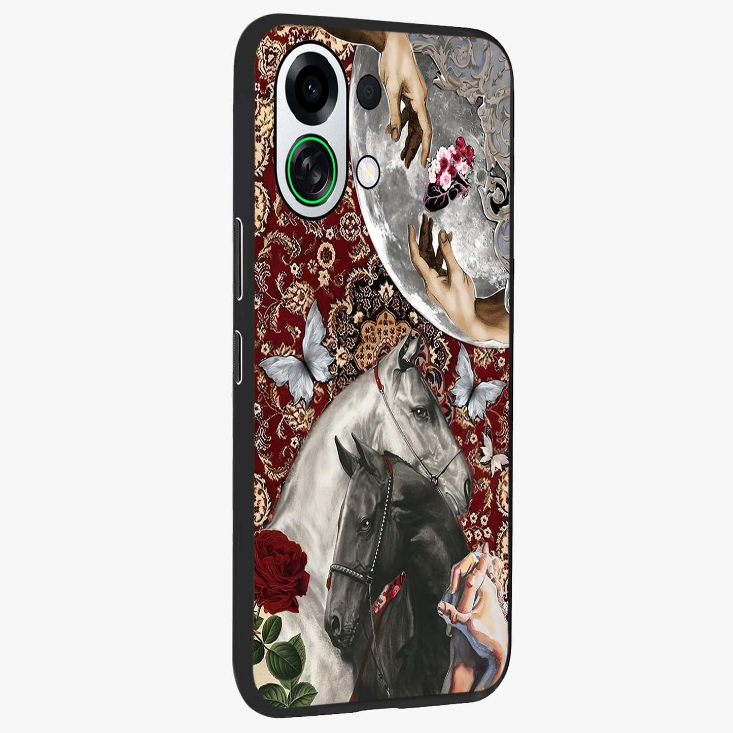 Moonlit Royal Stallion Glass Case upright view showcasing dramatic horse artwork with glowing moon themed design.