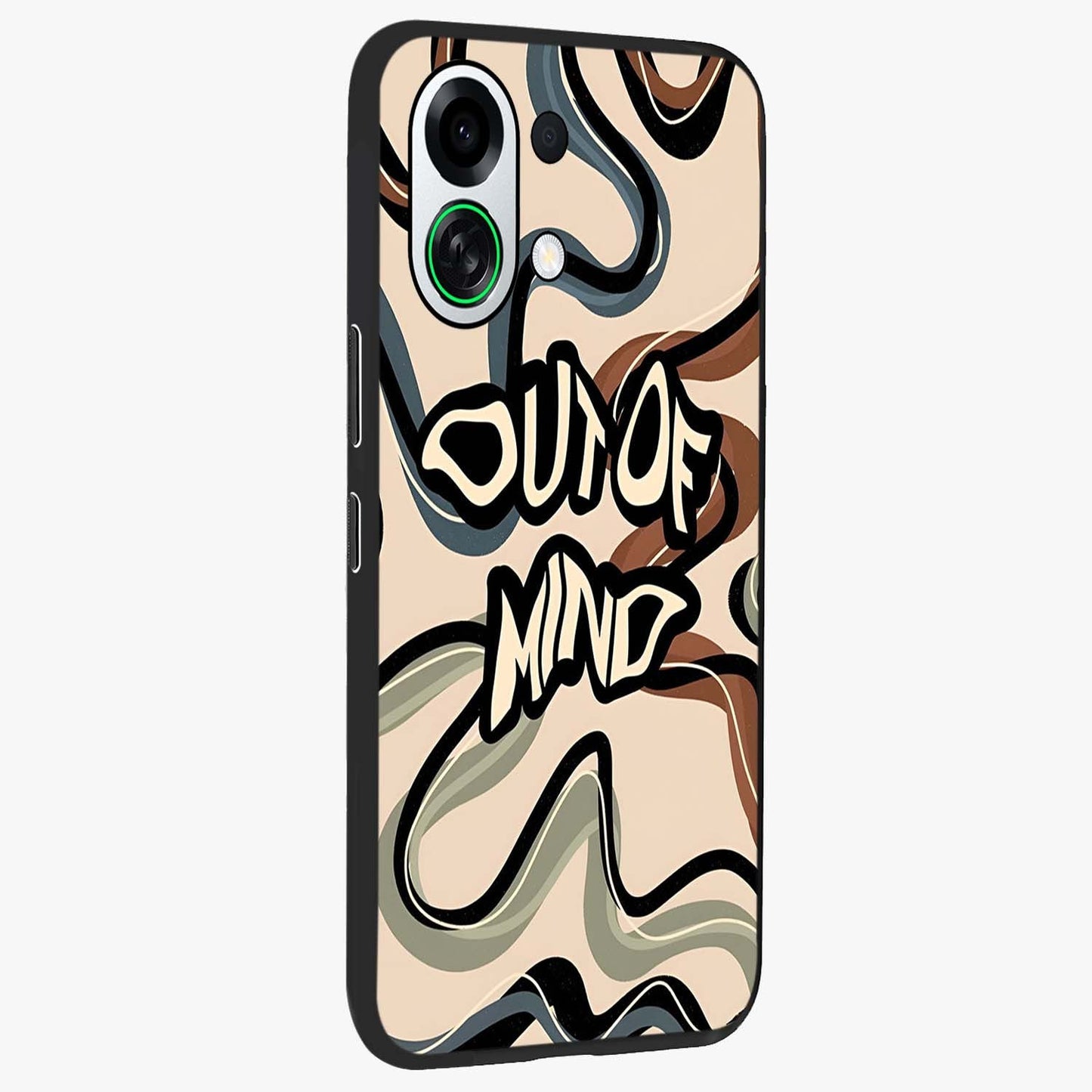 Out Of Mind Glass Case upright view showcasing striking typography artwork with edgy conceptual theme.