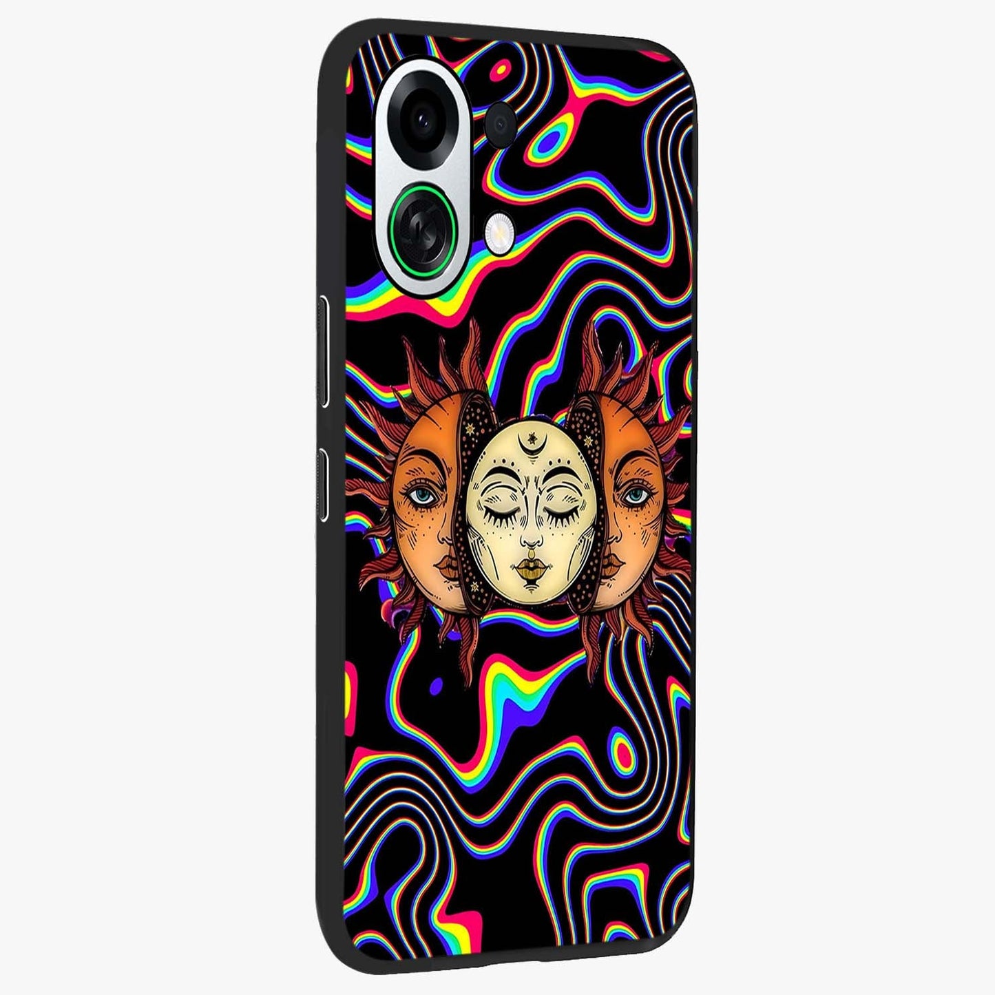Psychedelic Sun Glass Case upright view showcasing trippy sun artwork with bold psychedelic theme.