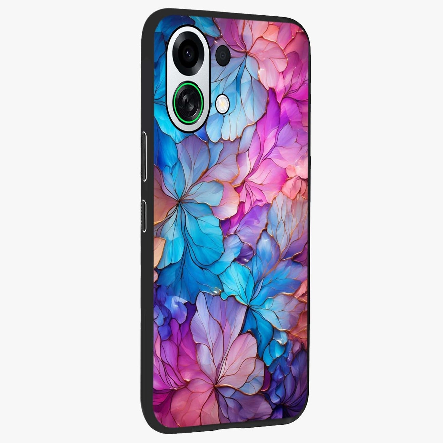 Radiant Floral Whirl Glass Case upright view showcasing lively floral artwork with decorative swirl theme.
