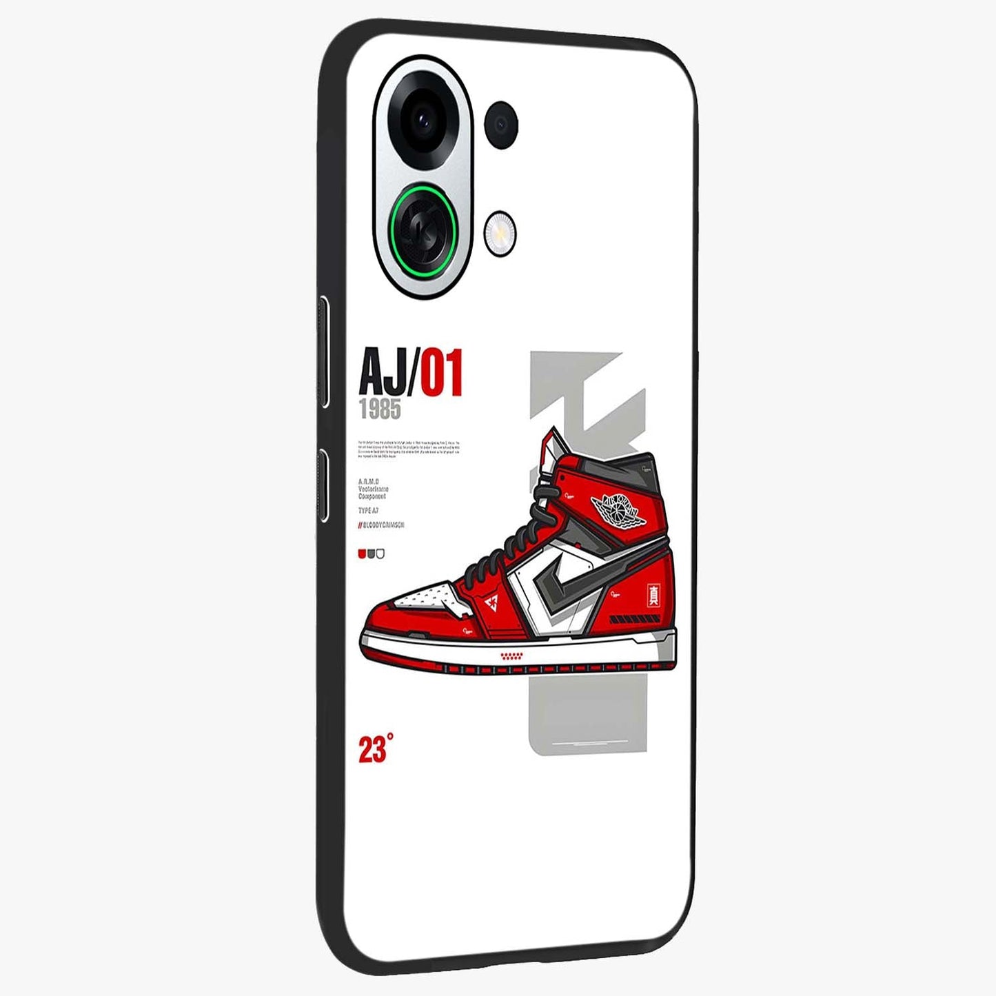 Retro Sneaker Blueprint Glass Case upright view showcasing stylish sneaker illustration with vintage streetwear theme.