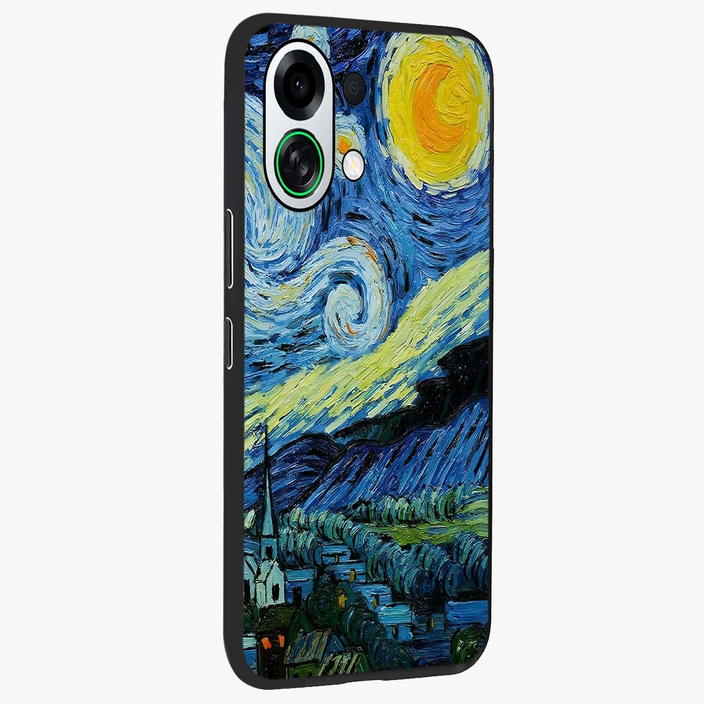 Van Gogh Art Glass Case upright view showcasing expressive painting style artwork with timeless artistic theme.