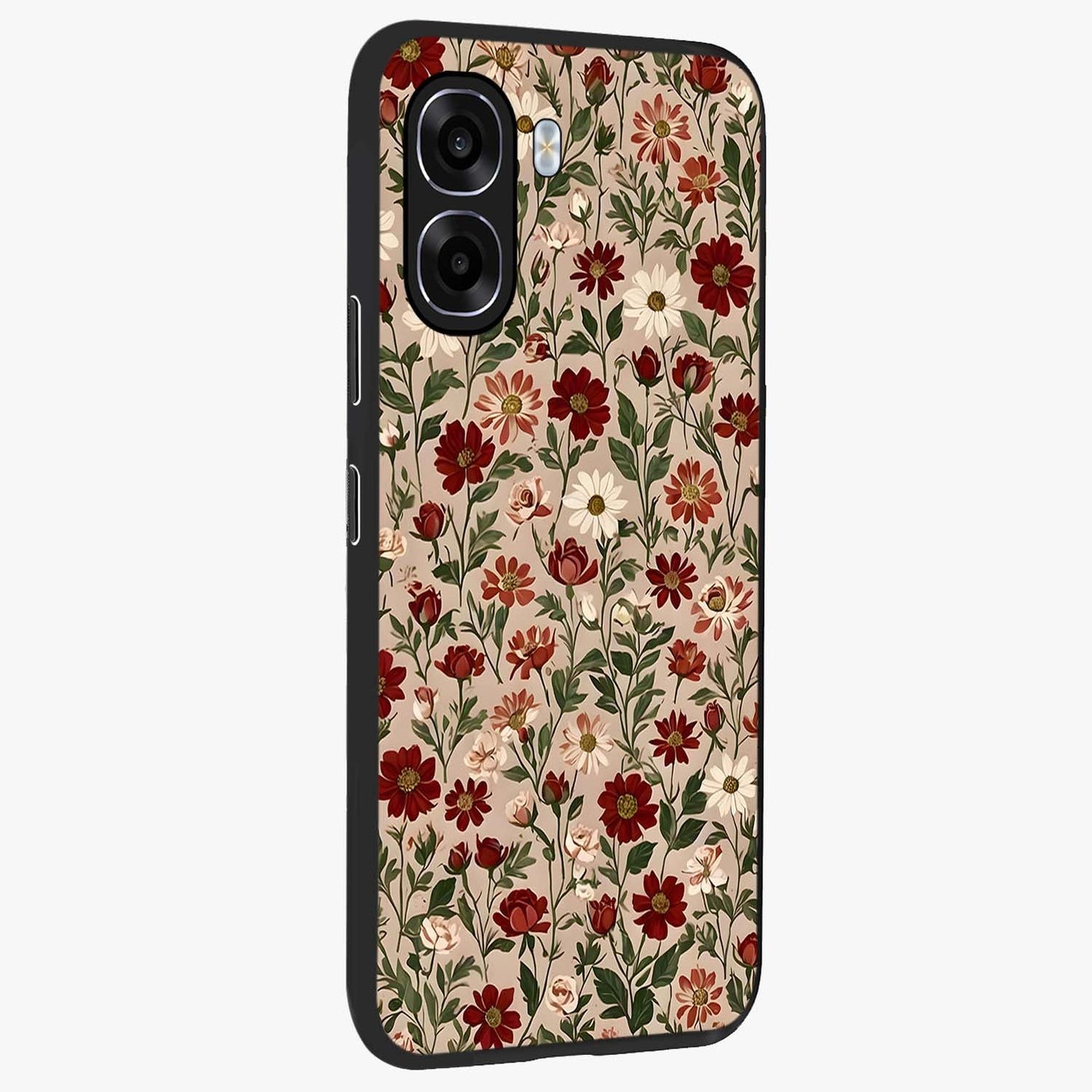 Biege Flower With Leaf Glass Case upright view showcasing delicate beige flower illustration with clean botanical style.