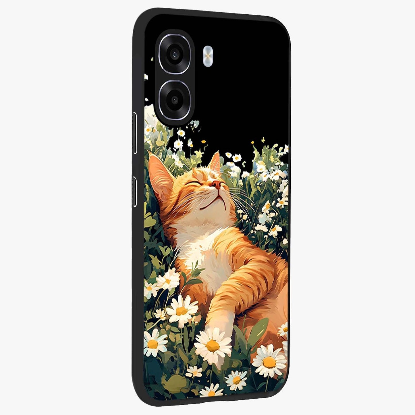 Blissful Bloom Cat Glass Case upright view showcasing charming cat design surrounded by blooming floral elements.