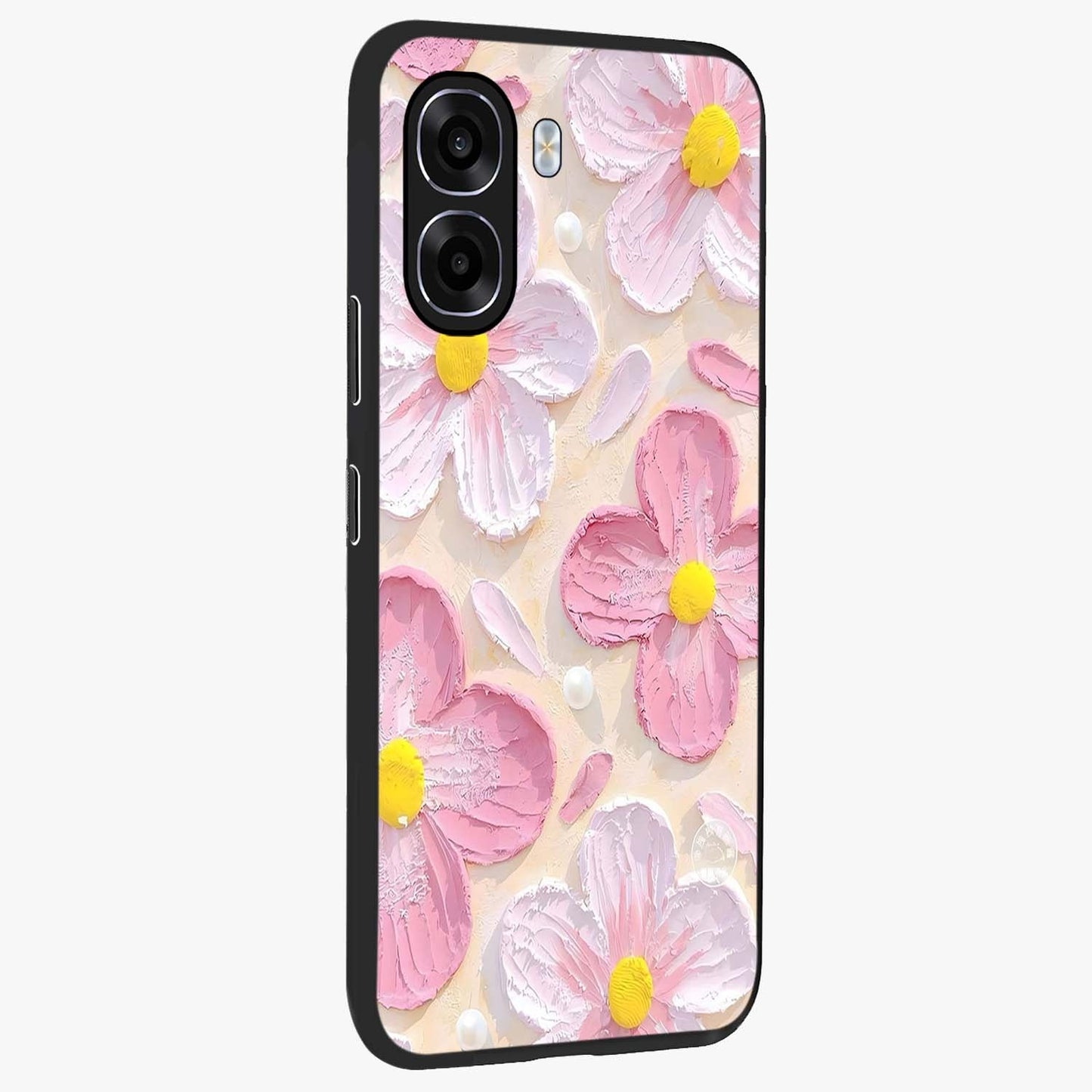 Blush Bloom Texture Glass Case upright view showcasing delicate blush floral texture with modern minimal style.