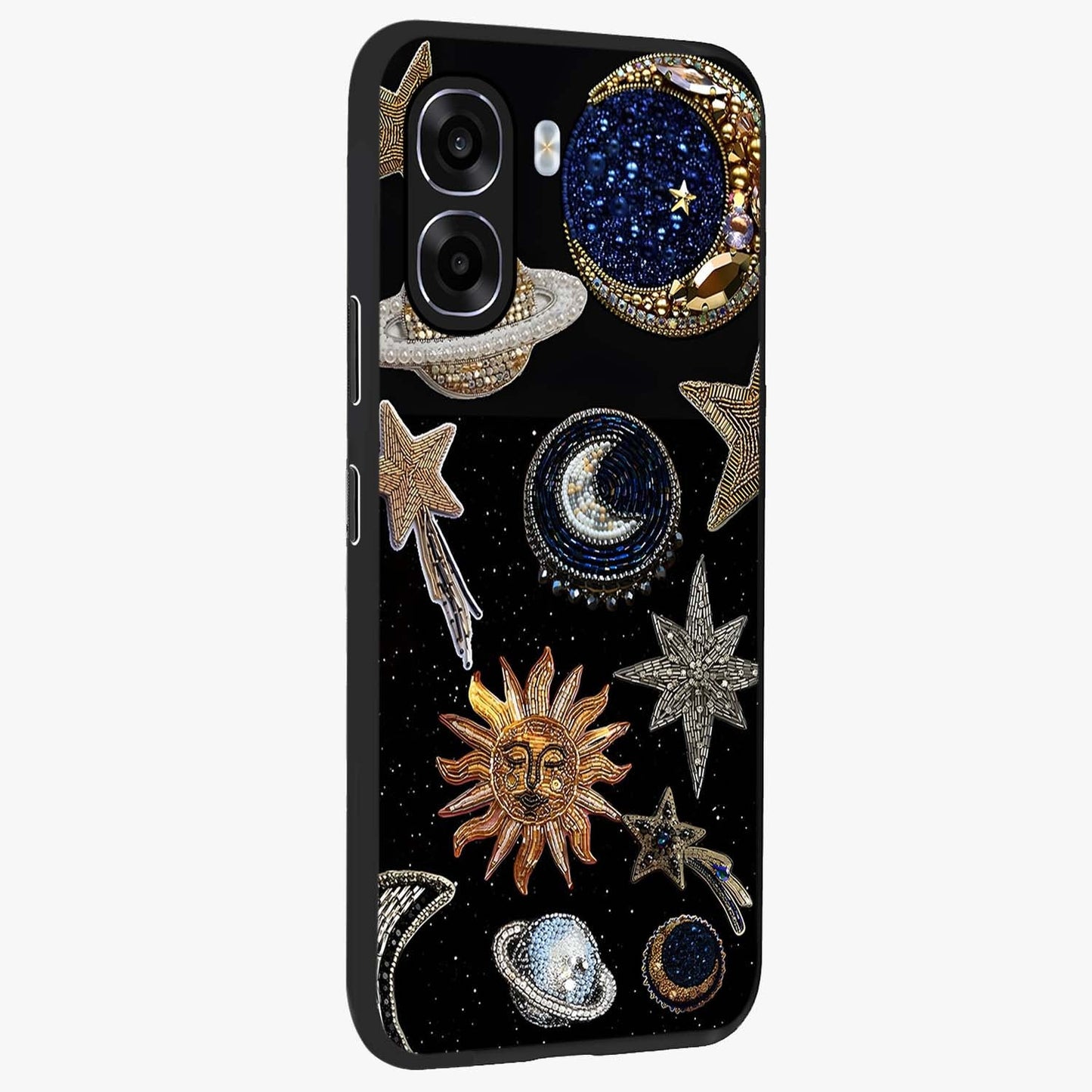 Celestial Gem Constellations Glass Case upright view showcasing cosmic constellation artwork with celestial aesthetic style.