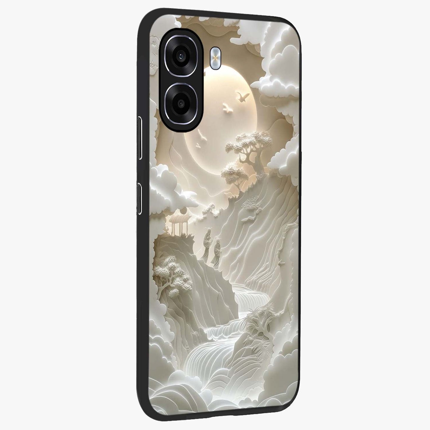 Celestial Origami Glass Case upright view showcasing creative origami artwork with modern celestial style.