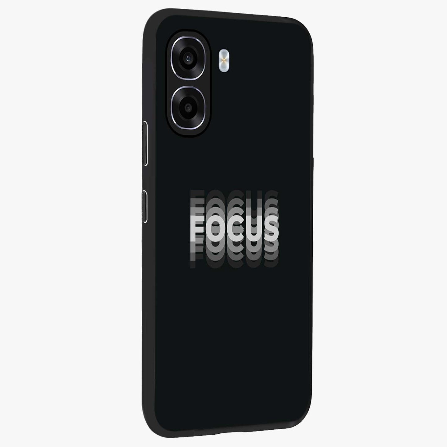 Focus Mode On Glass Case upright view showcasing strong typography statement with sleek motivational theme.