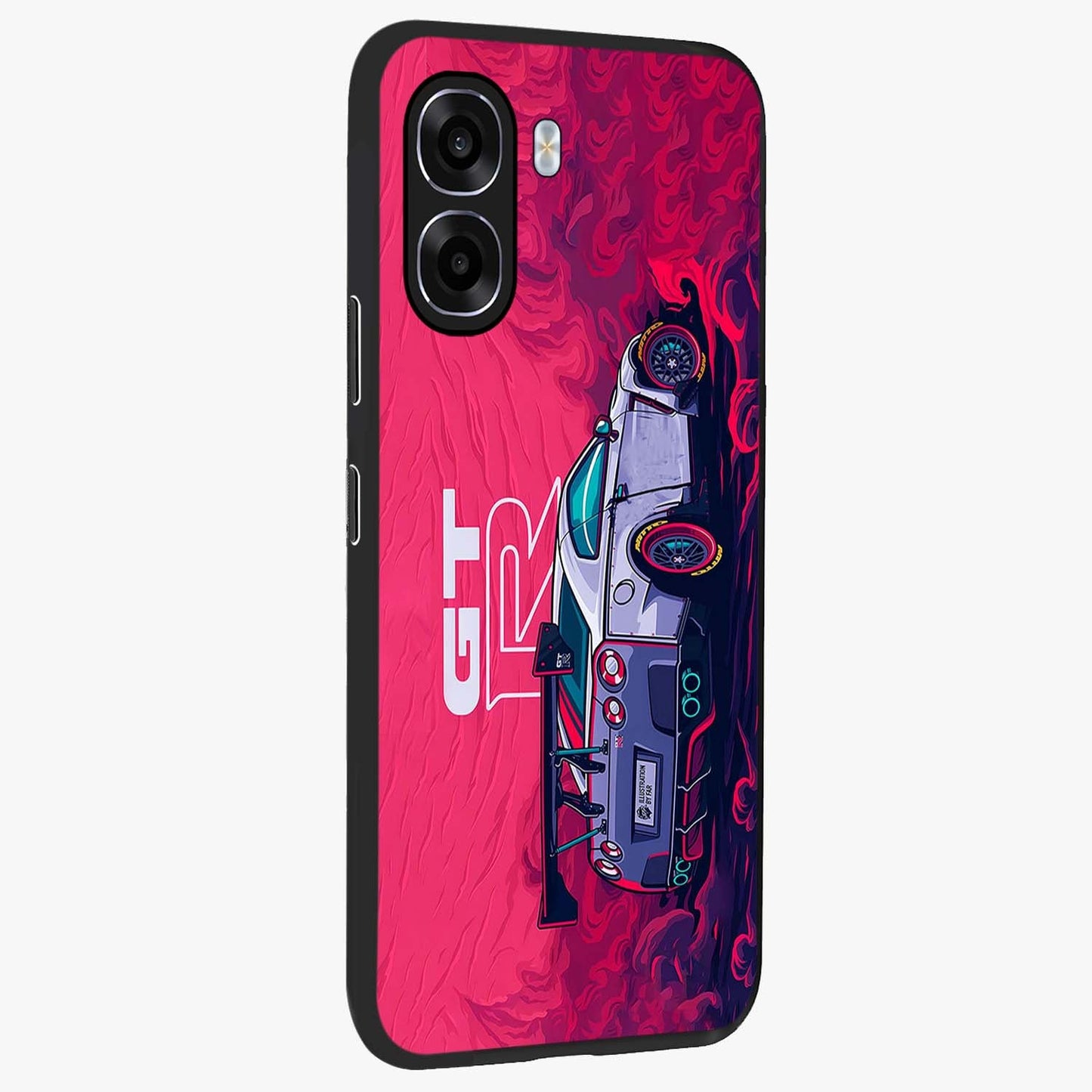 GT-R Car Pattern Glass Case upright view showcasing dynamic car pattern artwork with modern sports theme.
