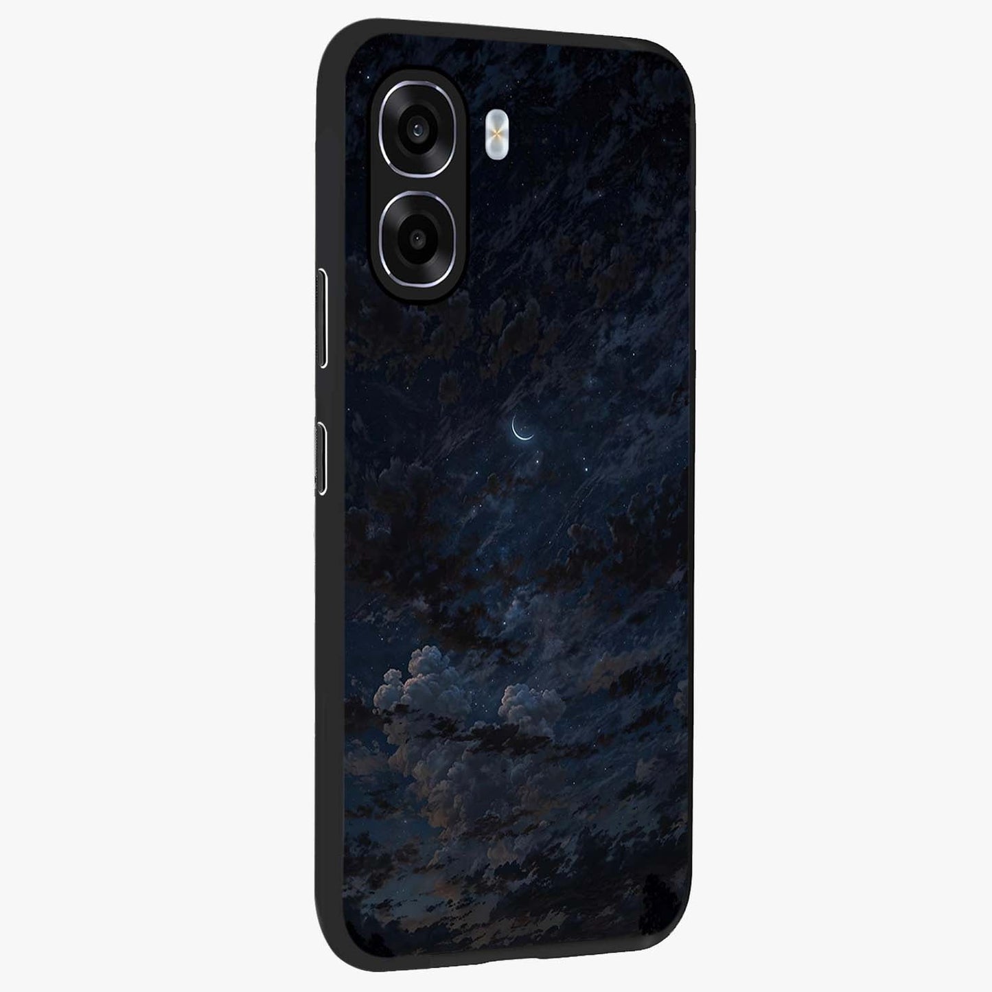 Lunar Veil Silence Glass Case upright view showcasing calm moon themed artwork with serene night atmosphere.