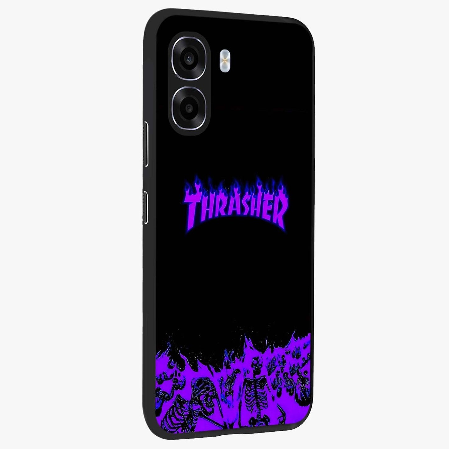 Neon Flame Riot Glass Case upright view showcasing dynamic flame artwork with energetic neon theme.