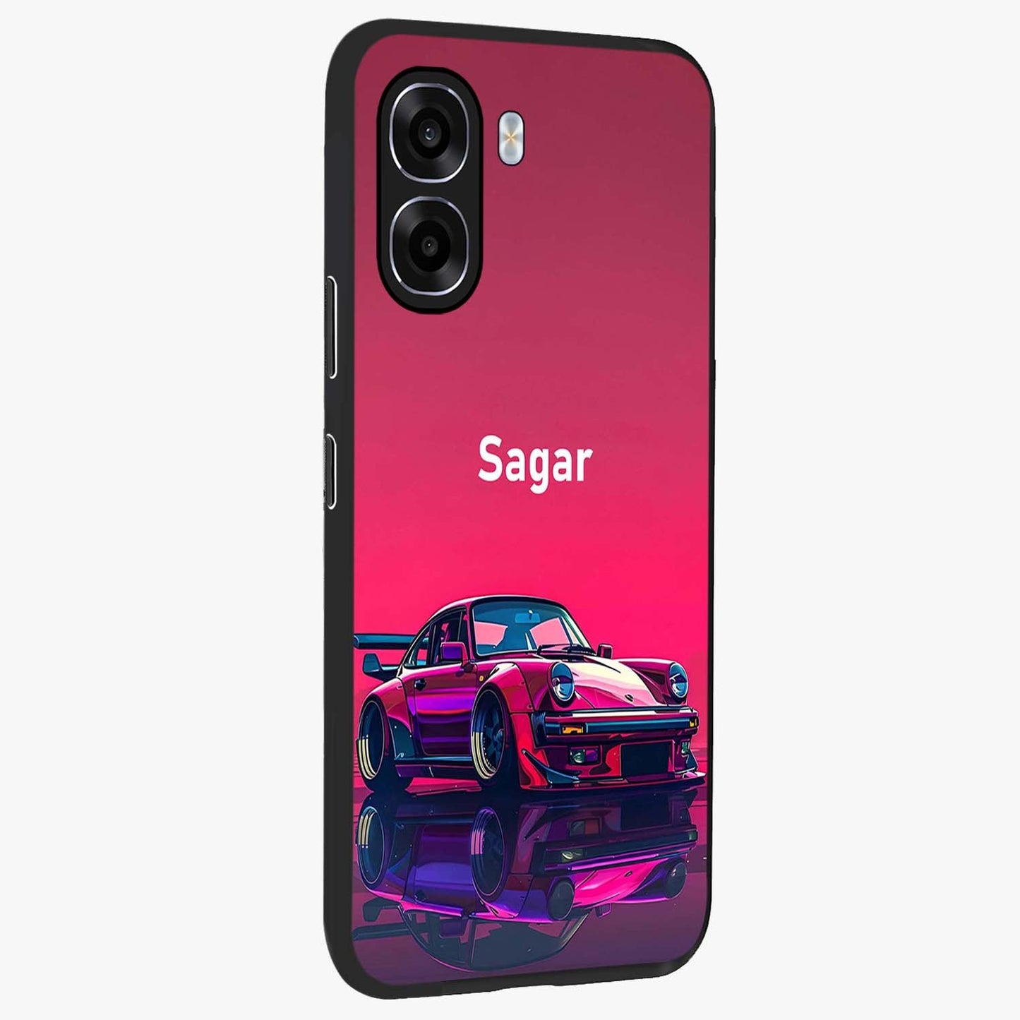 Neon Pink Porsche Glass Case upright view showcasing vibrant sports car artwork with bold automotive theme.