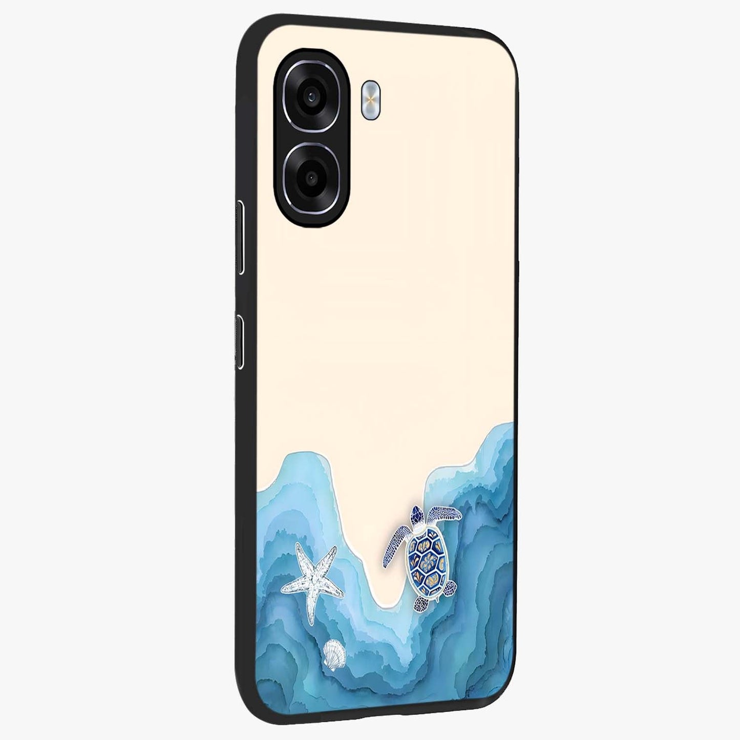 Ocean Drift Turtle Glass Case upright view showcasing calm underwater turtle artwork with nature inspired theme.
