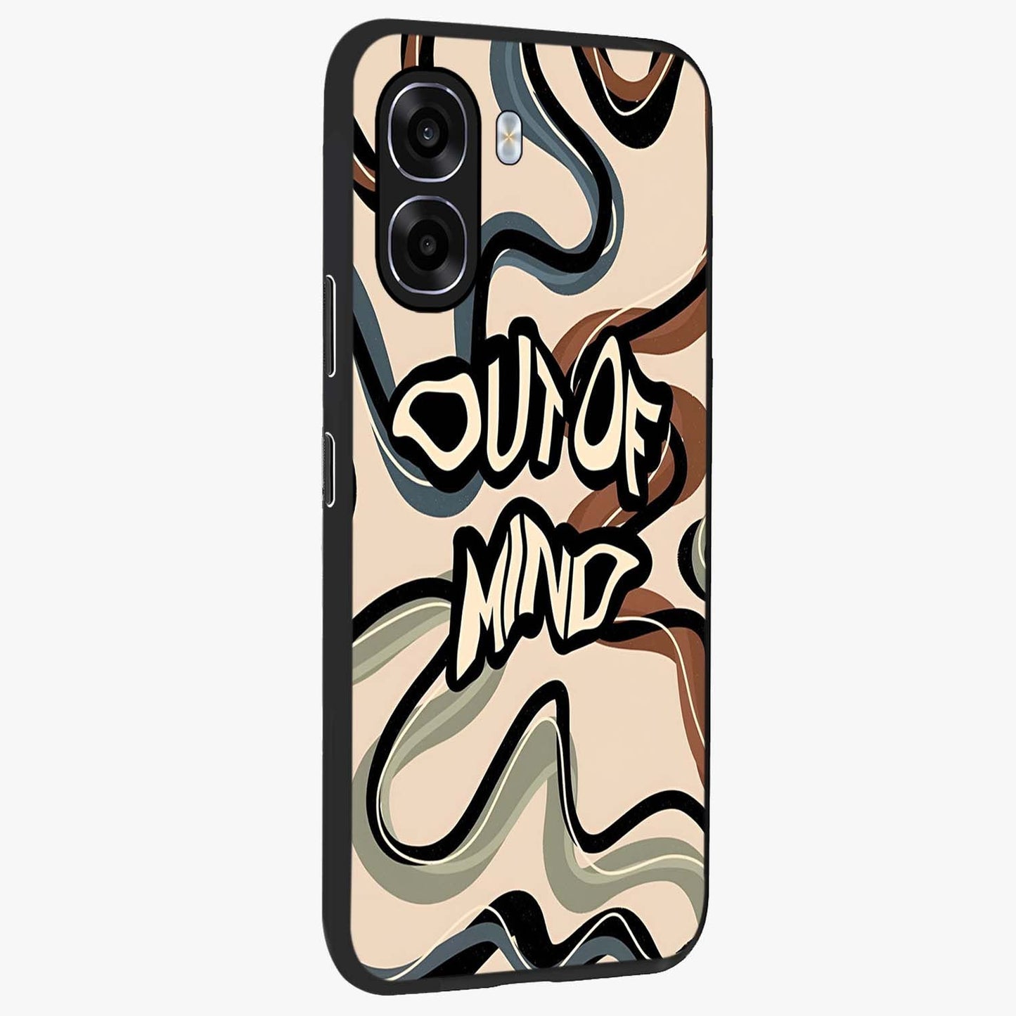 Out Of Mind Glass Case upright view showcasing striking typography artwork with edgy conceptual theme.