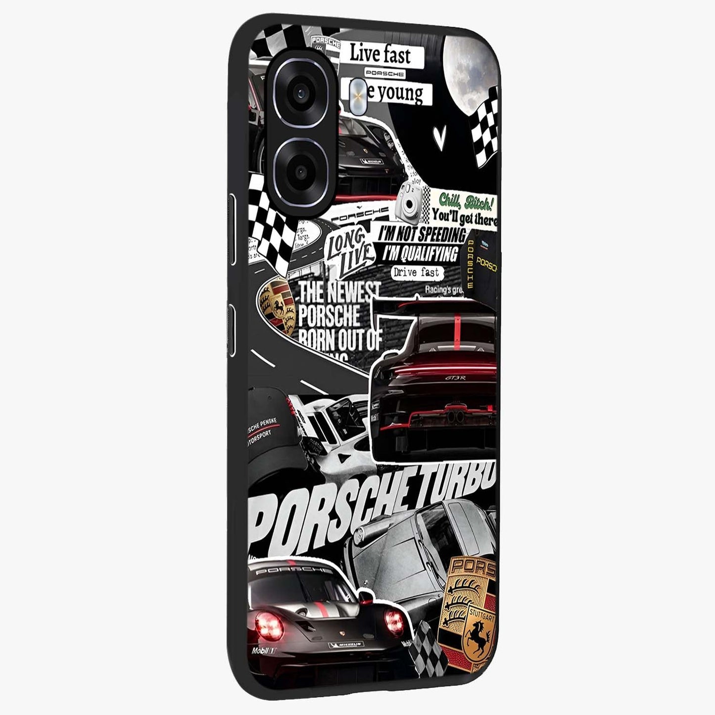 Porsche Racing Collage Glass Case upright view showcasing energetic car collage artwork with high speed racing theme.