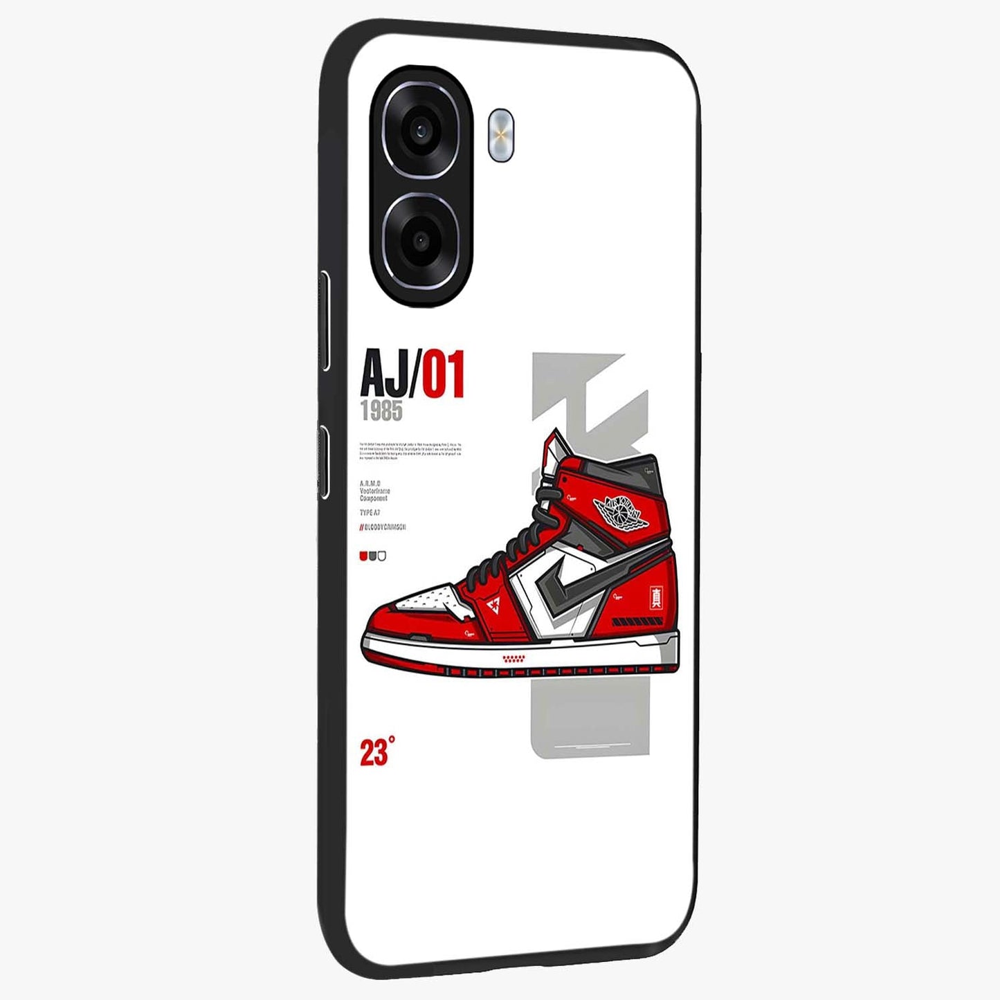 Retro Sneaker Blueprint Glass Case upright view showcasing stylish sneaker illustration with vintage streetwear theme.