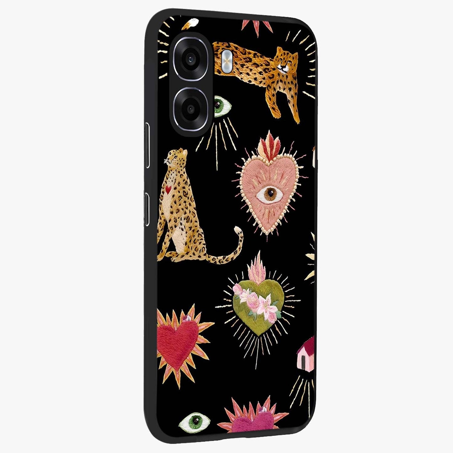Sacred Jungle Heart Glass Case upright view showcasing vibrant jungle artwork with symbolic heart theme.