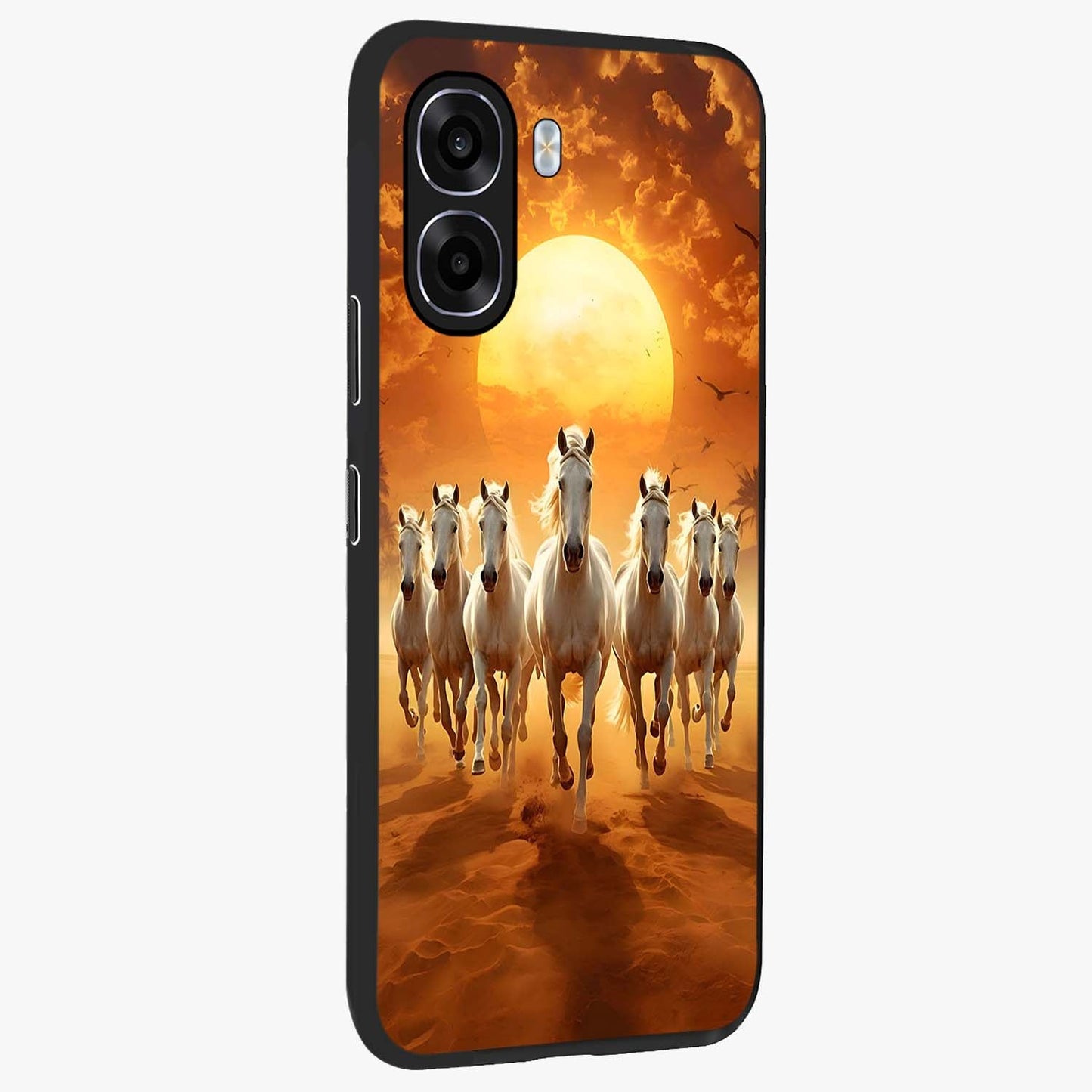 Wild Sunset Majesty Glass Case upright view showcasing dramatic sunset artwork with bold nature theme.