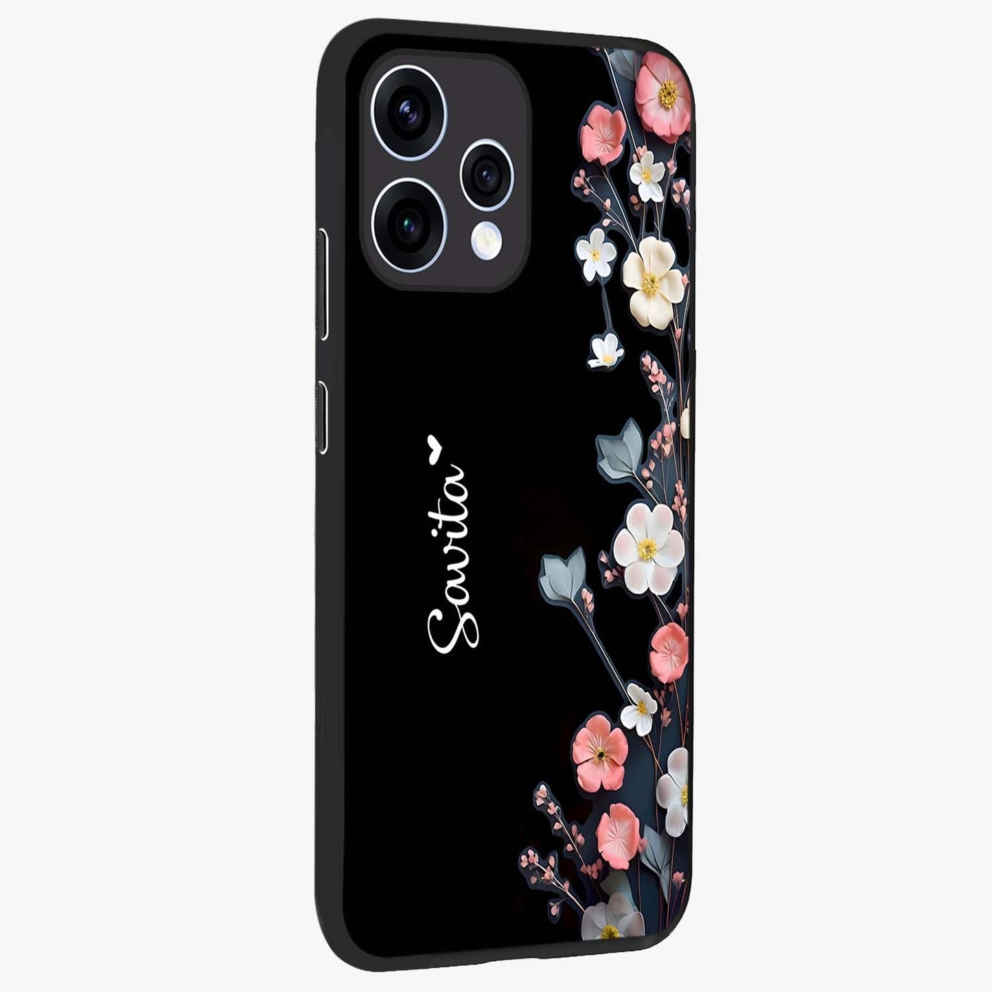 Black Elegance Floral Custom Name Glass Case upright view showcasing luxurious black floral design with personalized name detail.
