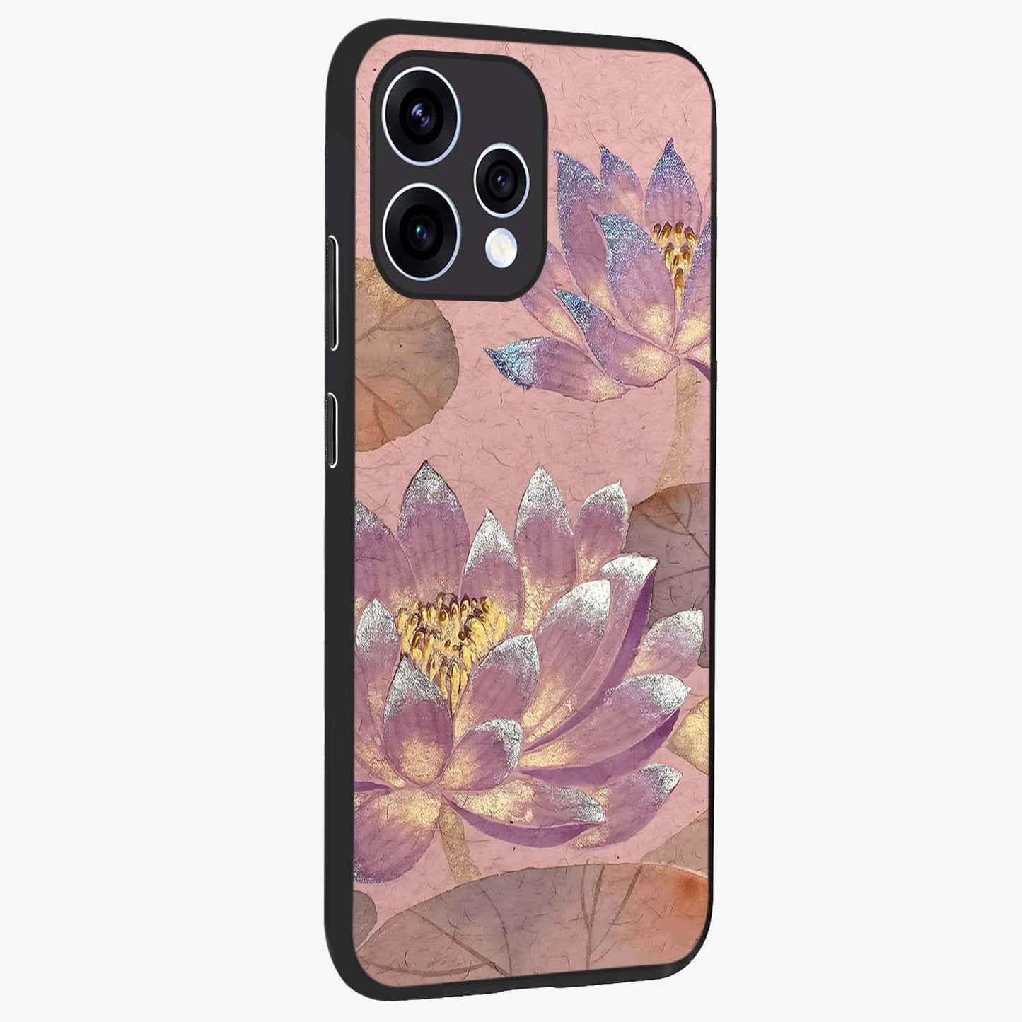 Blossom Mist Lotus Glass Case upright view showcasing graceful lotus flower design with peaceful botanical style.